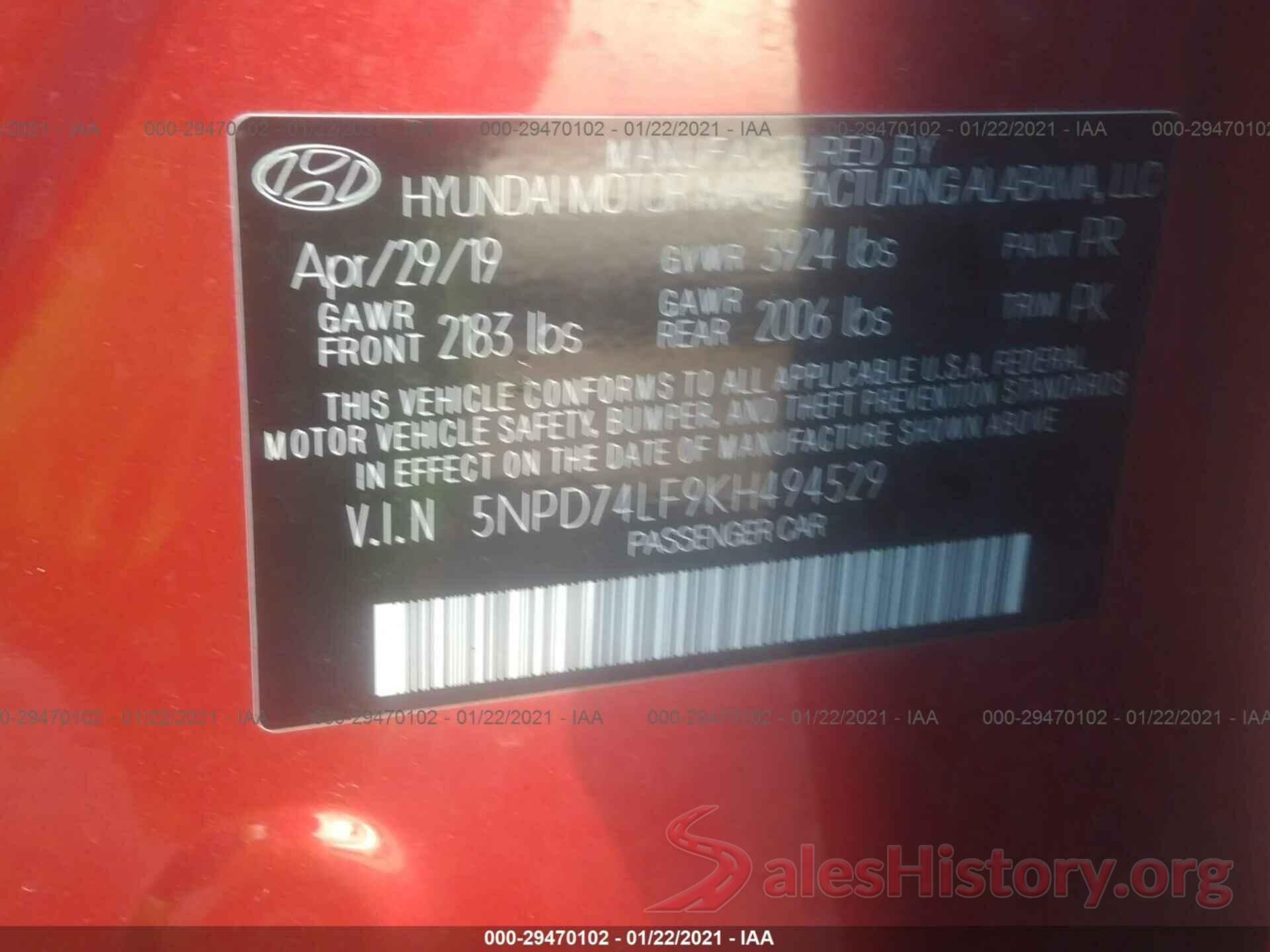 5NPD74LF9KH494529 2019 HYUNDAI ELANTRA