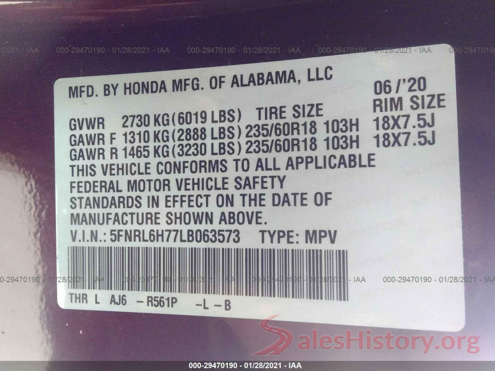 5FNRL6H77LB063573 2020 HONDA ODYSSEY