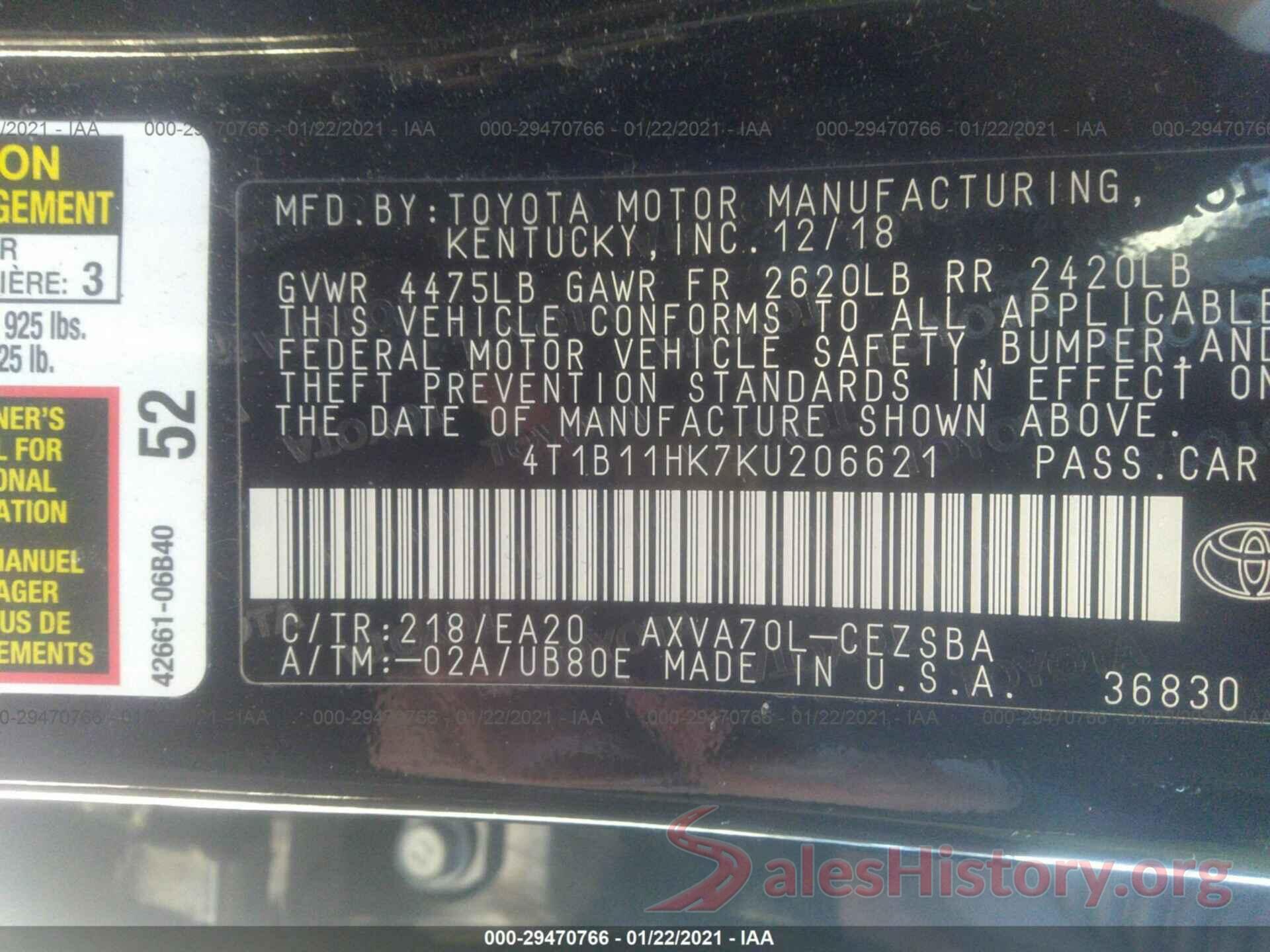 4T1B11HK7KU206621 2019 TOYOTA CAMRY