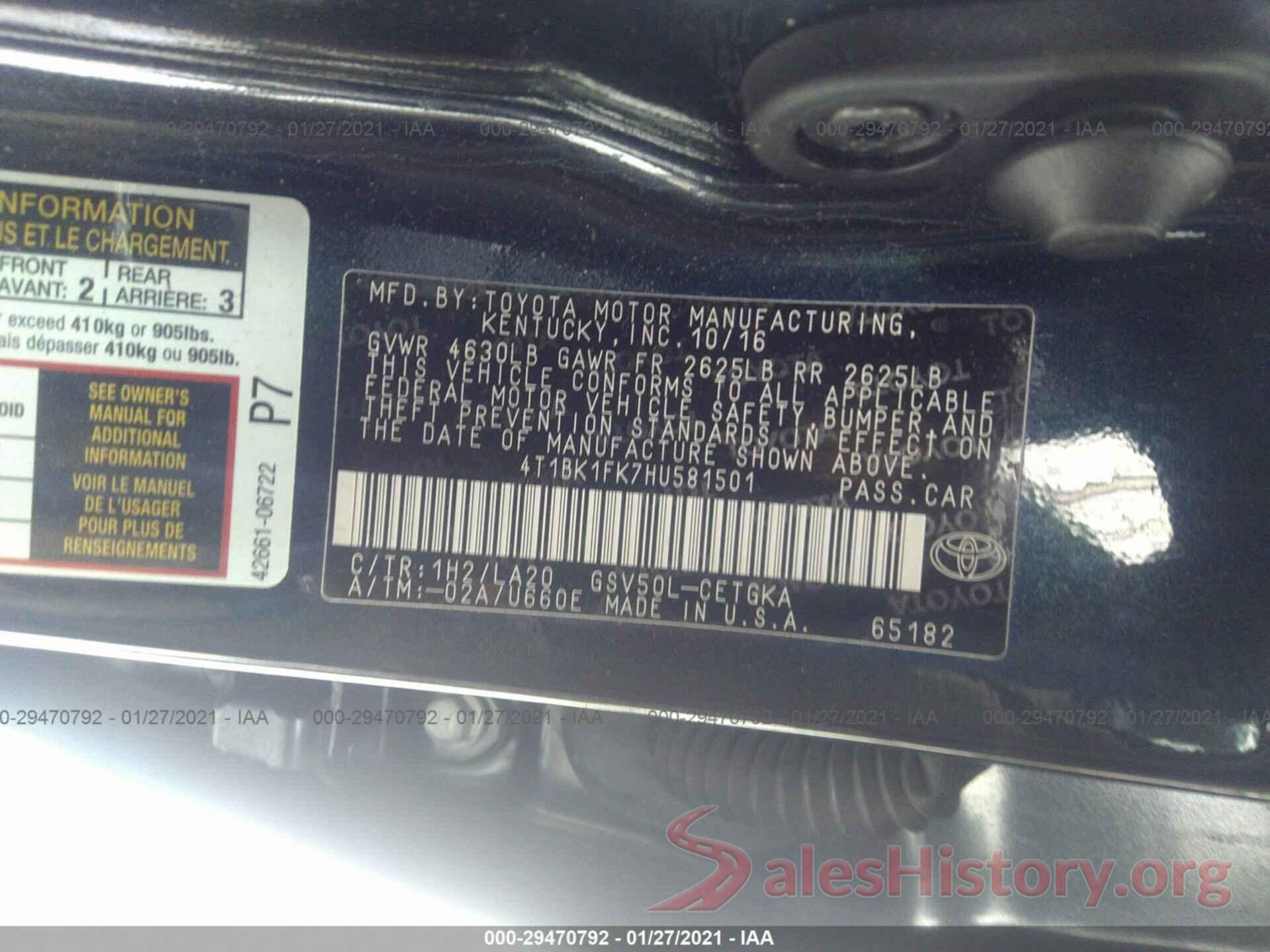 4T1BK1FK7HU581501 2017 TOYOTA CAMRY