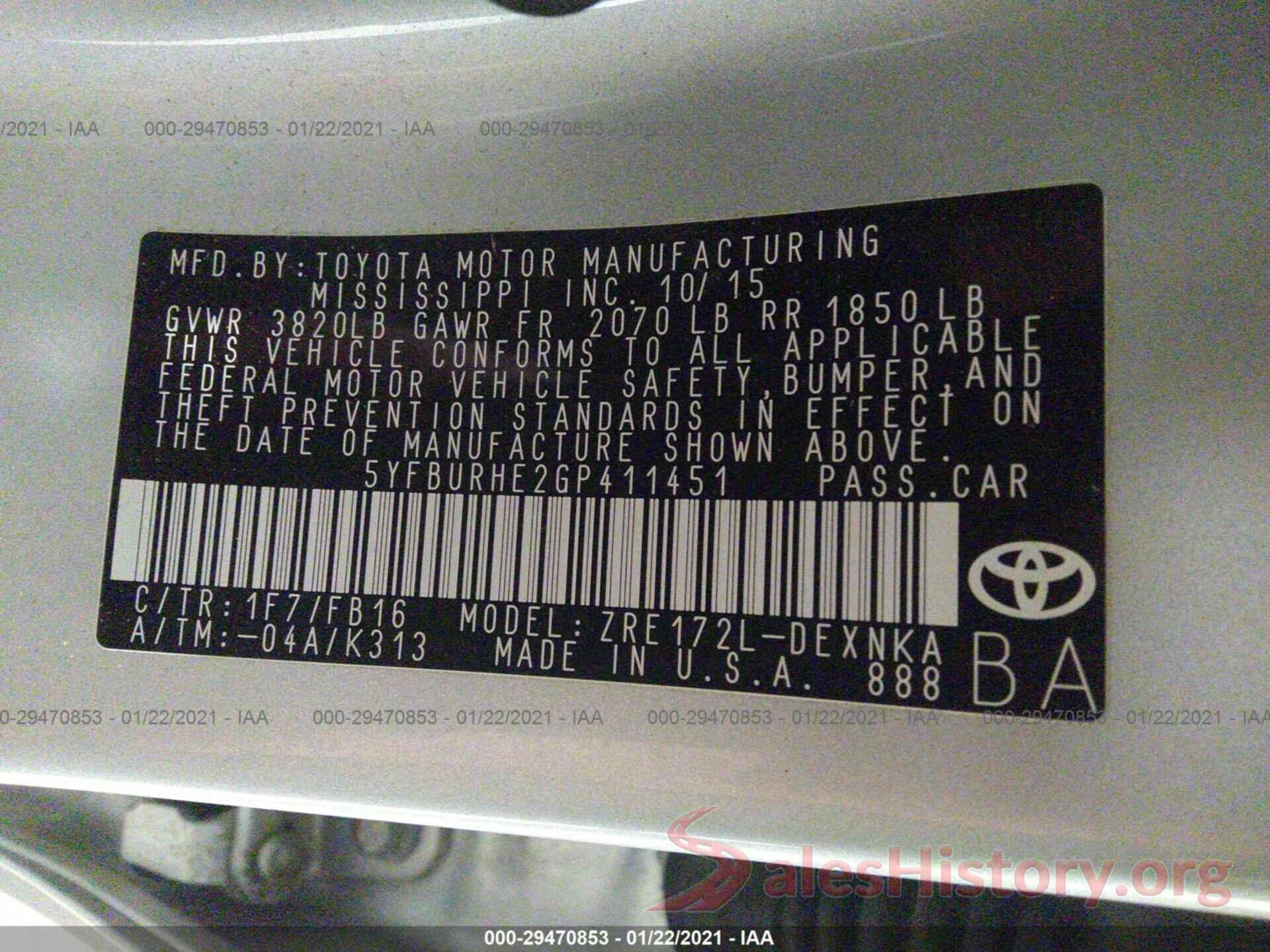 5YFBURHE2GP411451 2016 TOYOTA COROLLA