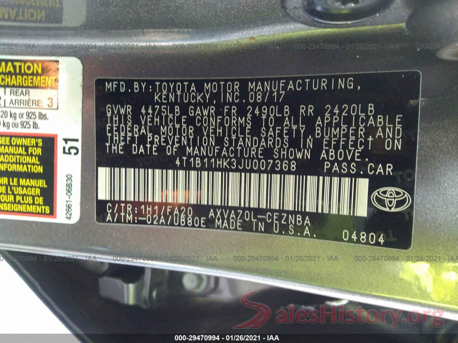 4T1B11HK3JU007368 2018 TOYOTA CAMRY