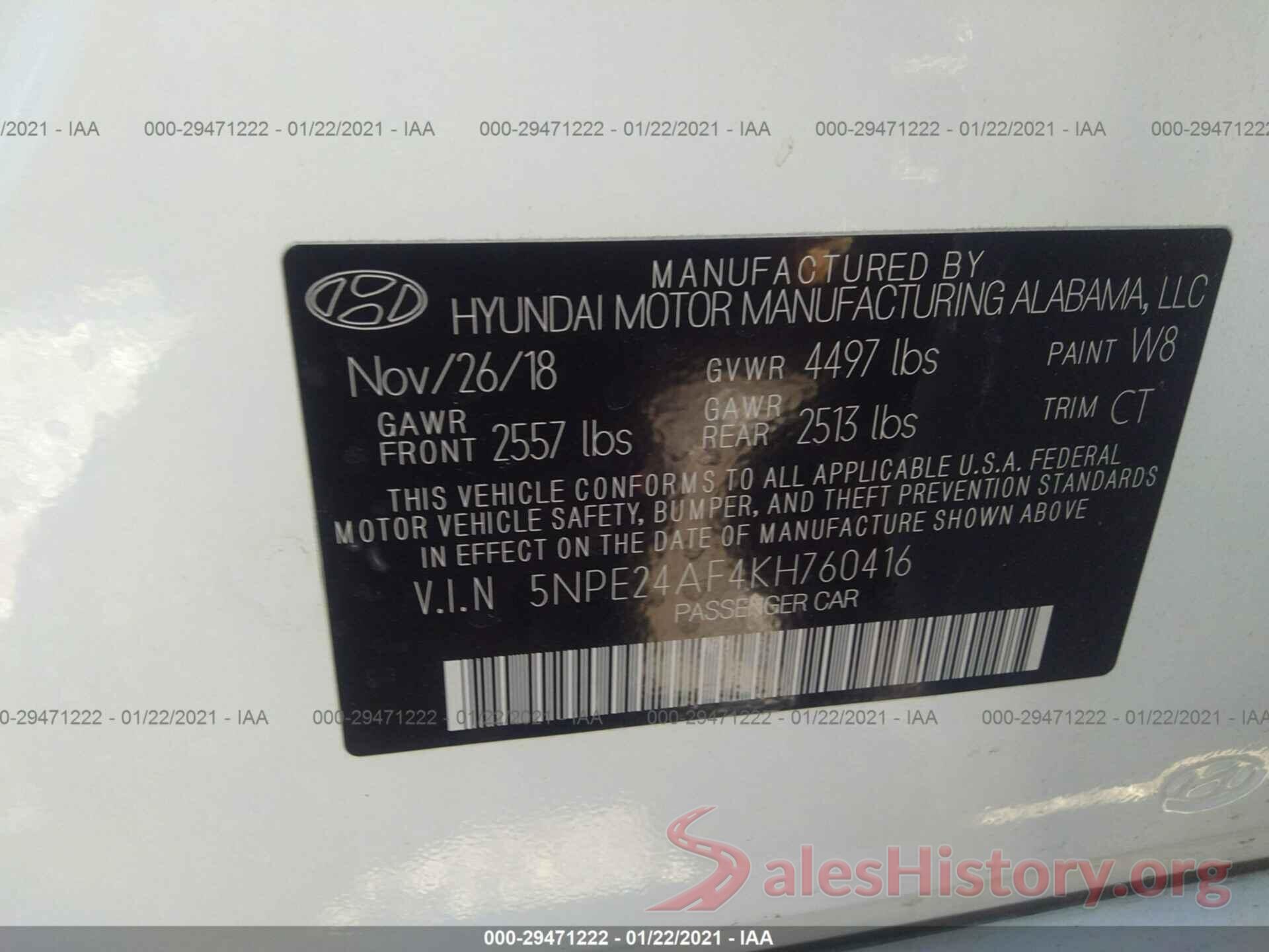 5NPE24AF4KH760416 2019 HYUNDAI SONATA