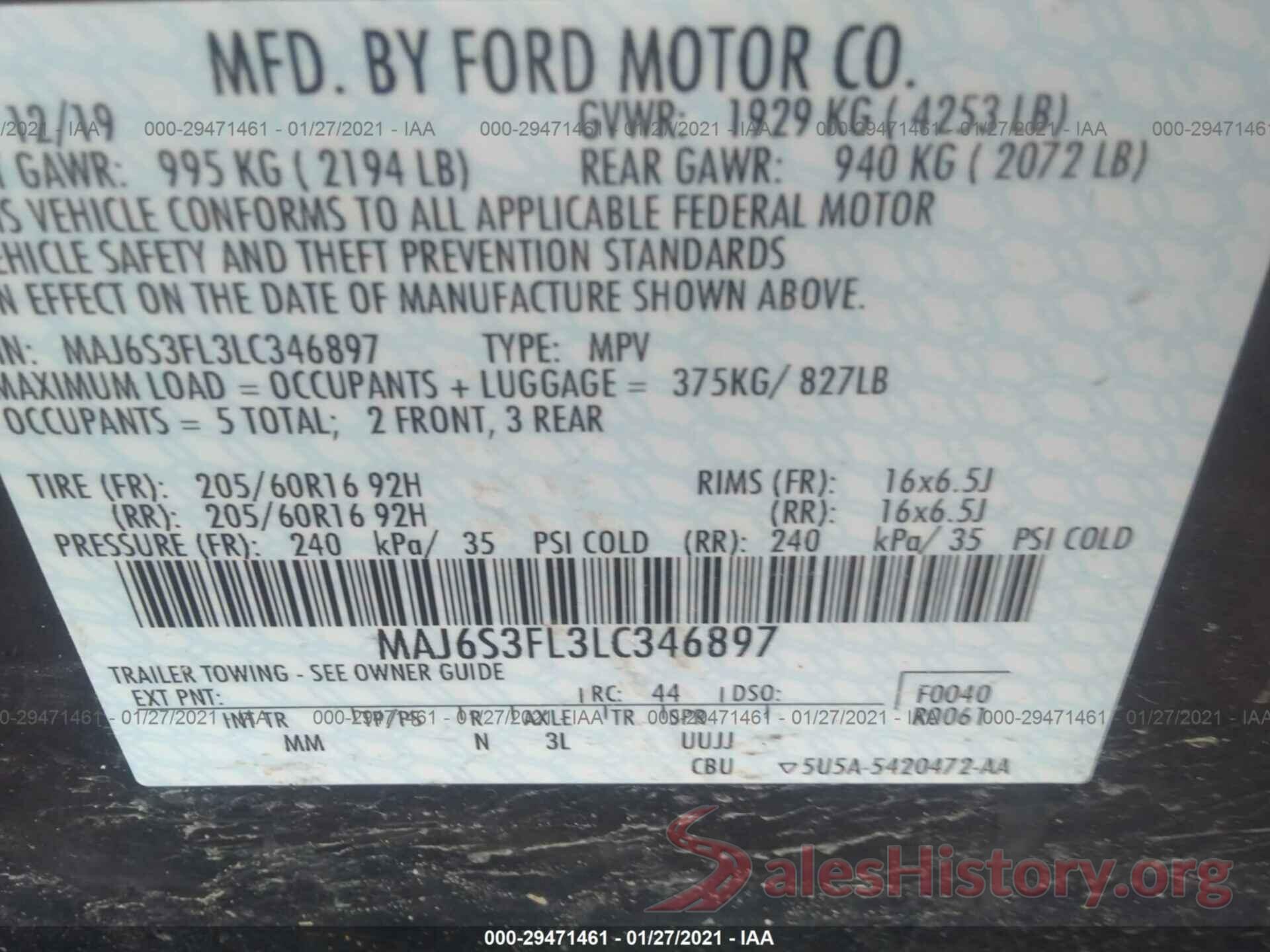 MAJ6S3FL3LC346897 2020 FORD ECOSPORT