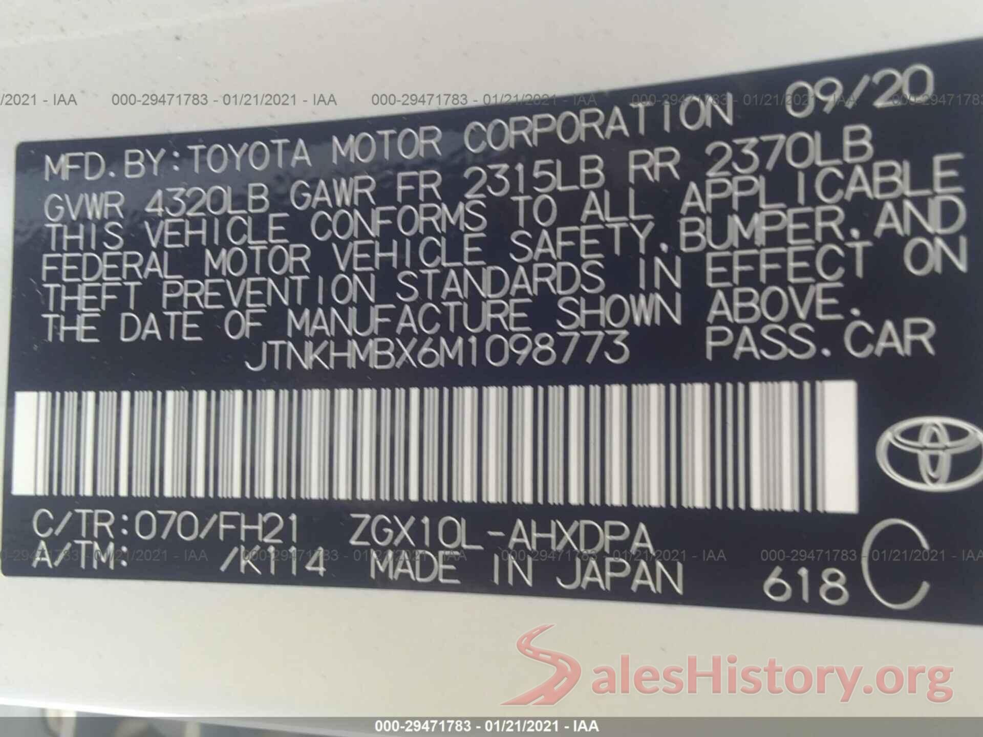 JTNKHMBX6M1098773 2021 TOYOTA C-HR