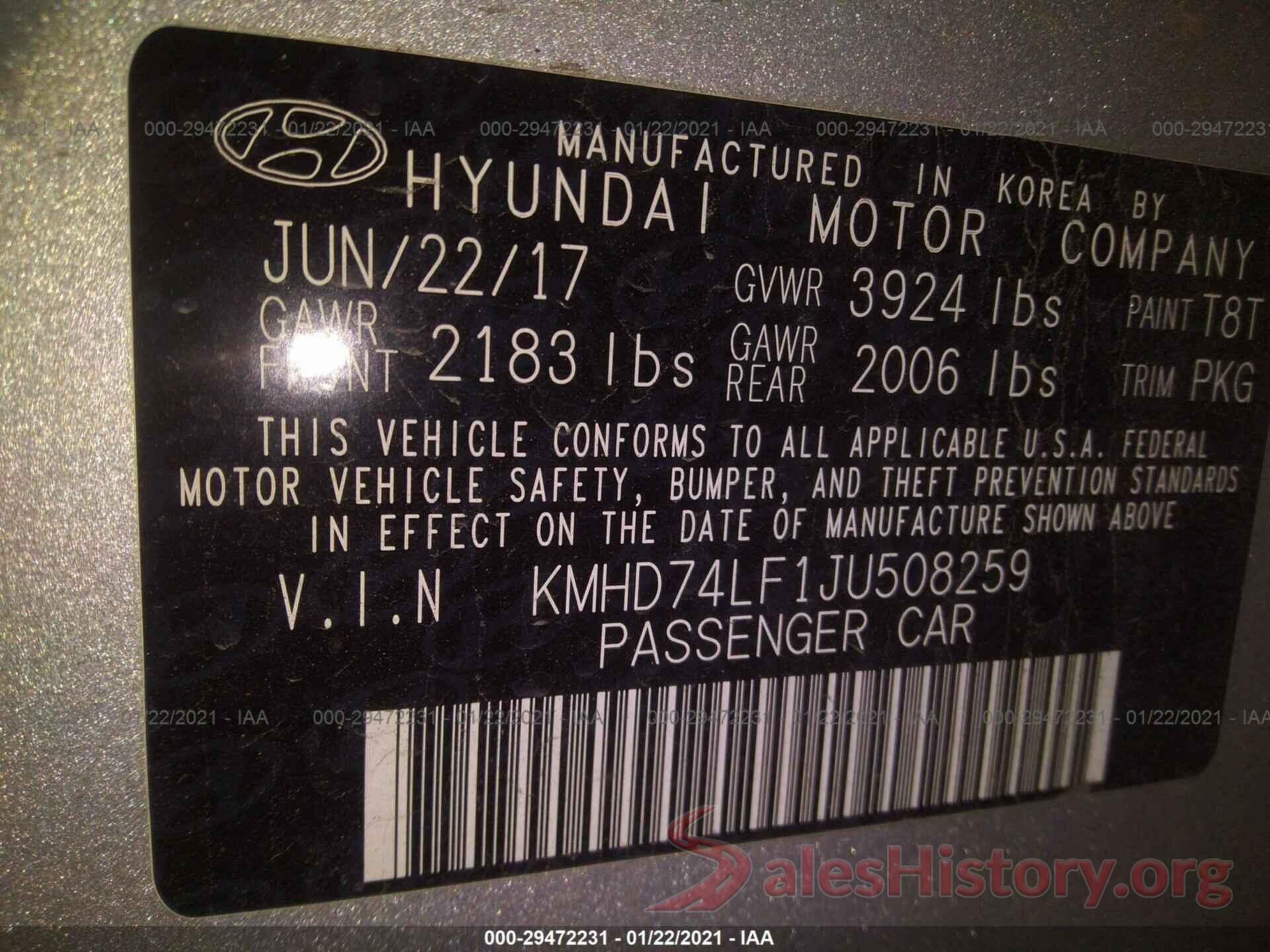 KMHD74LF1JU508259 2018 HYUNDAI ELANTRA