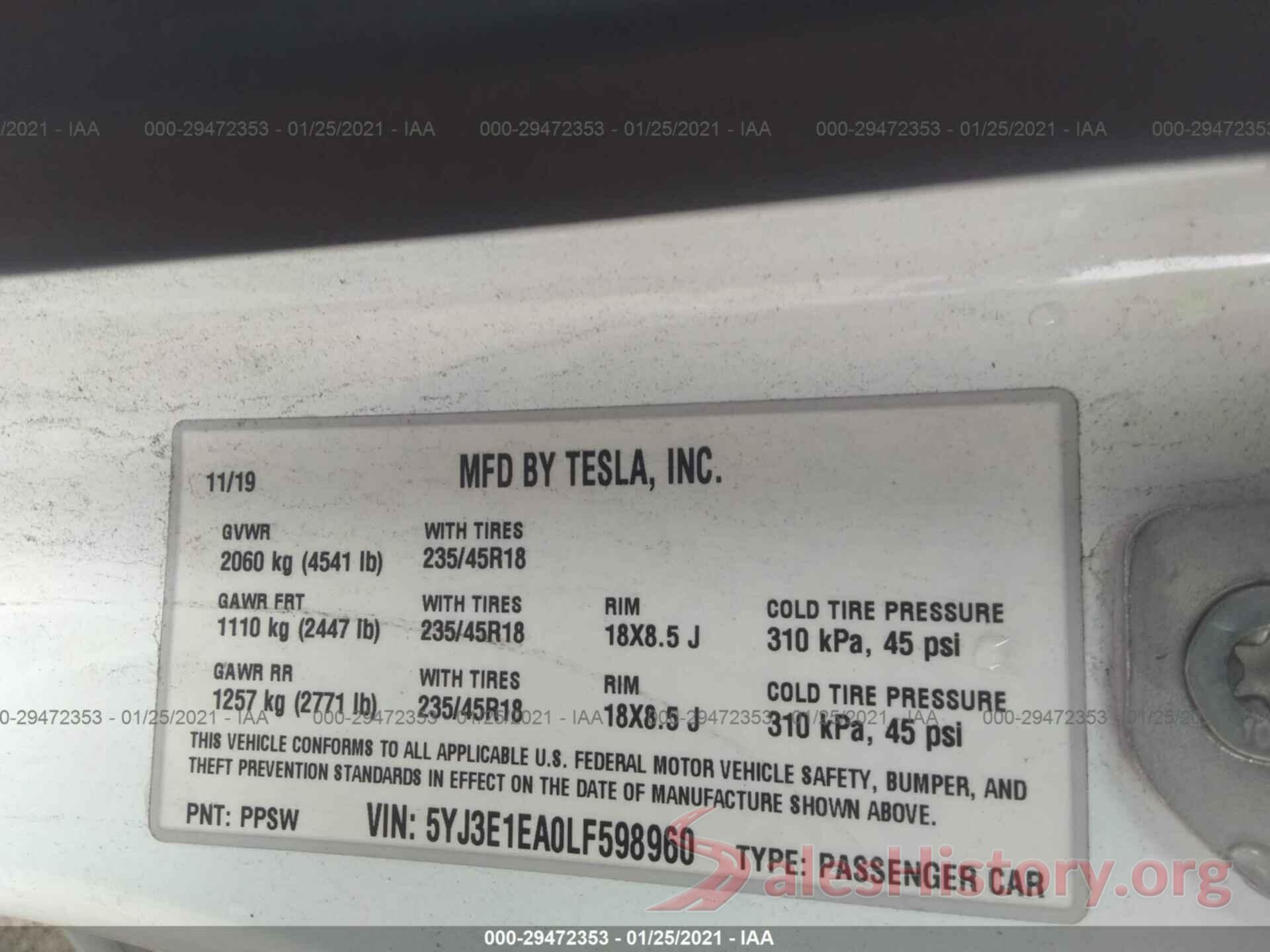 5YJ3E1EA0LF598960 2020 TESLA MODEL 3