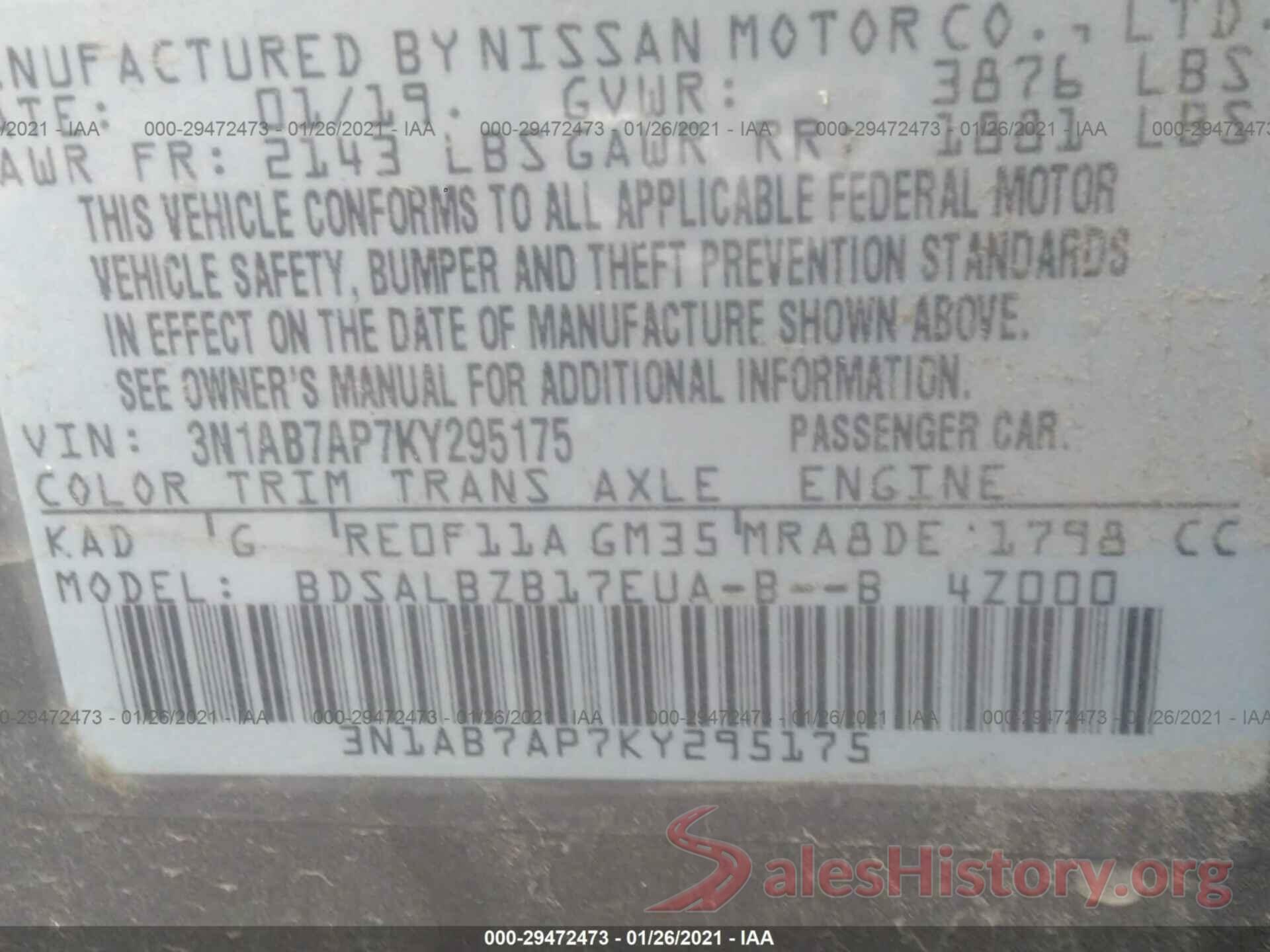 3N1AB7AP7KY295175 2019 NISSAN SENTRA