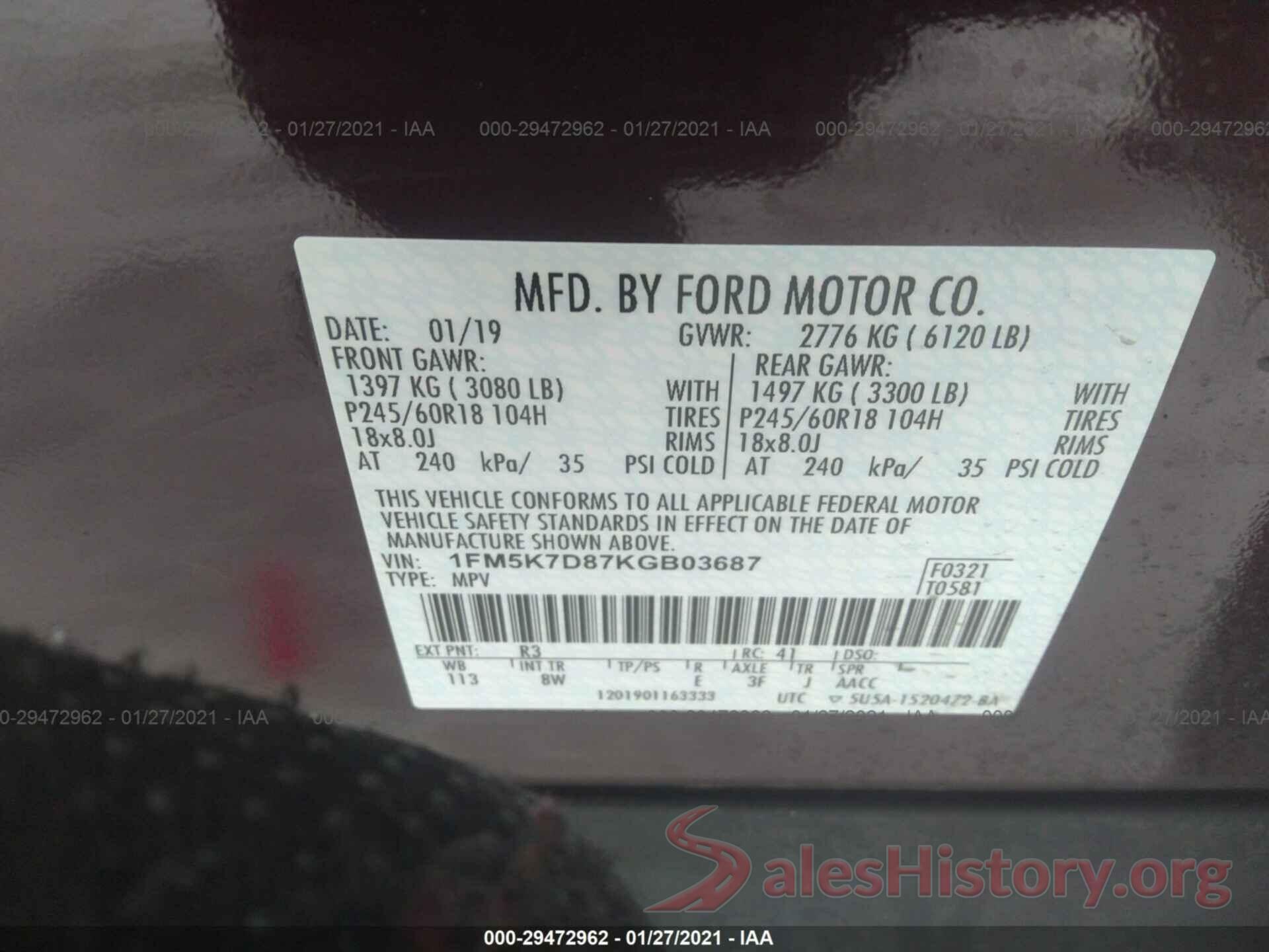 1FM5K7D87KGB03687 2019 FORD EXPLORER