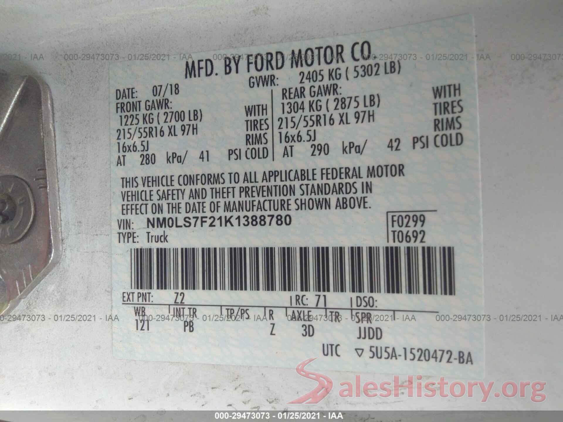 NM0LS7F21K1388780 2019 FORD TRANSIT CONNECT VAN