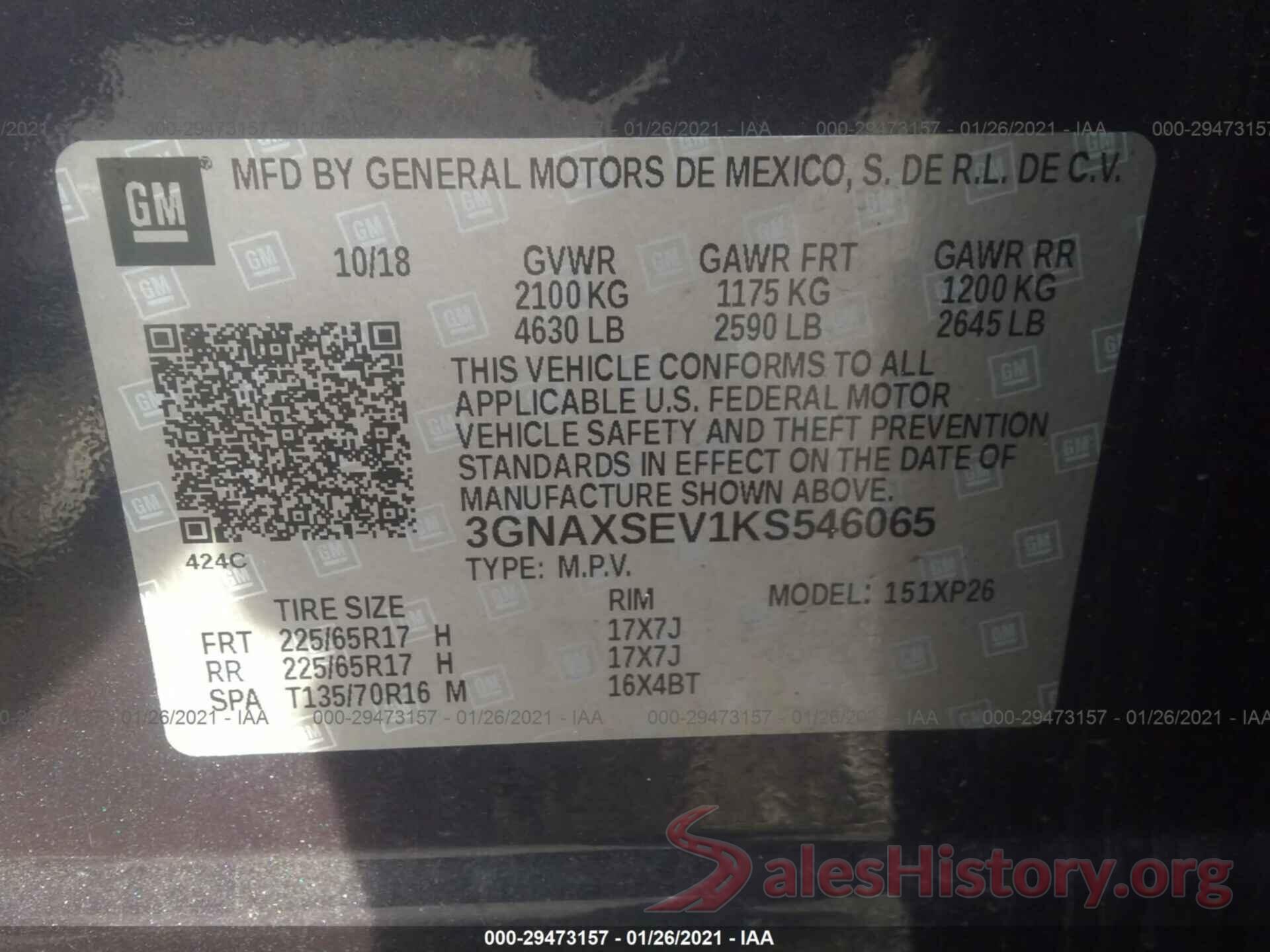 3GNAXSEV1KS546065 2019 CHEVROLET EQUINOX