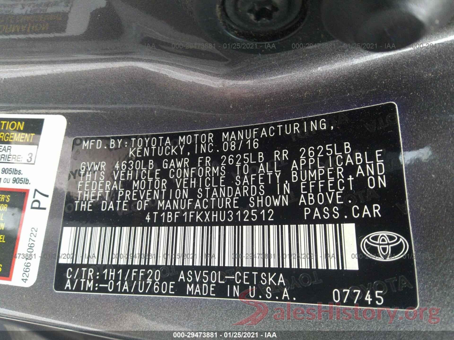 4T1BF1FKXHU312512 2017 TOYOTA CAMRY