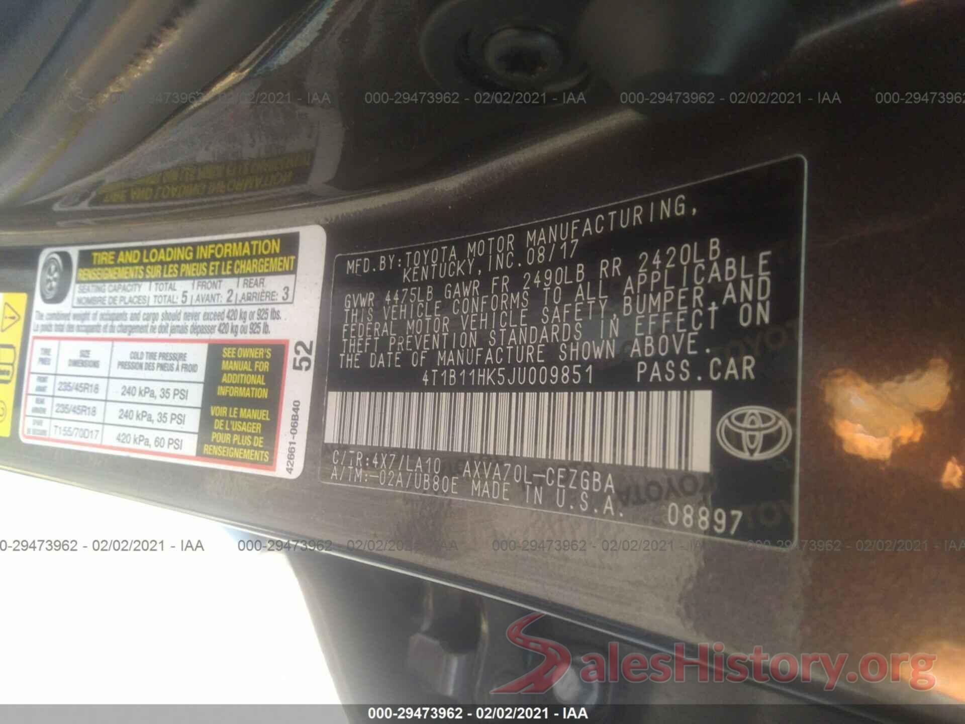 4T1B11HK5JU009851 2018 TOYOTA CAMRY