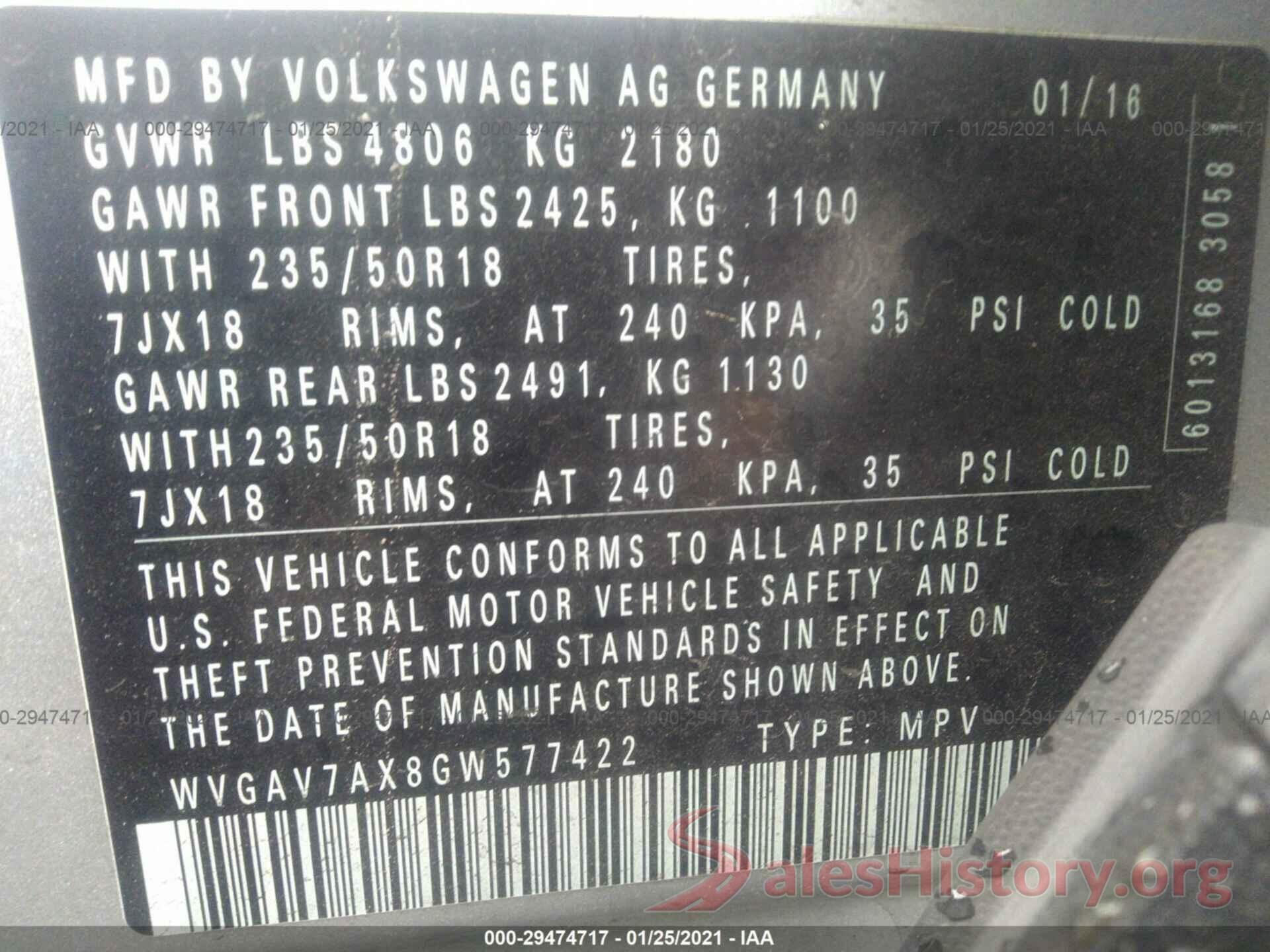 WVGAV7AX8GW577422 2016 VOLKSWAGEN TIGUAN