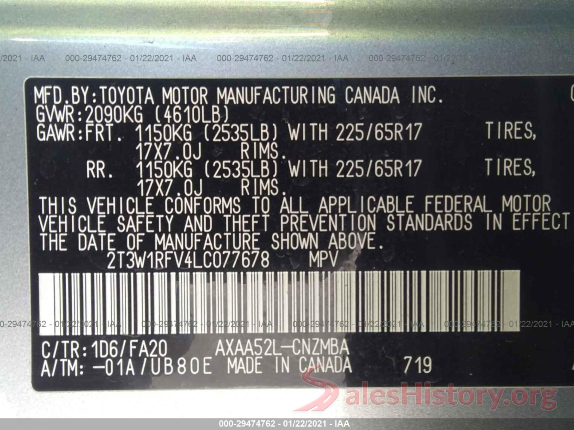 2T3W1RFV4LC077678 2020 TOYOTA RAV4