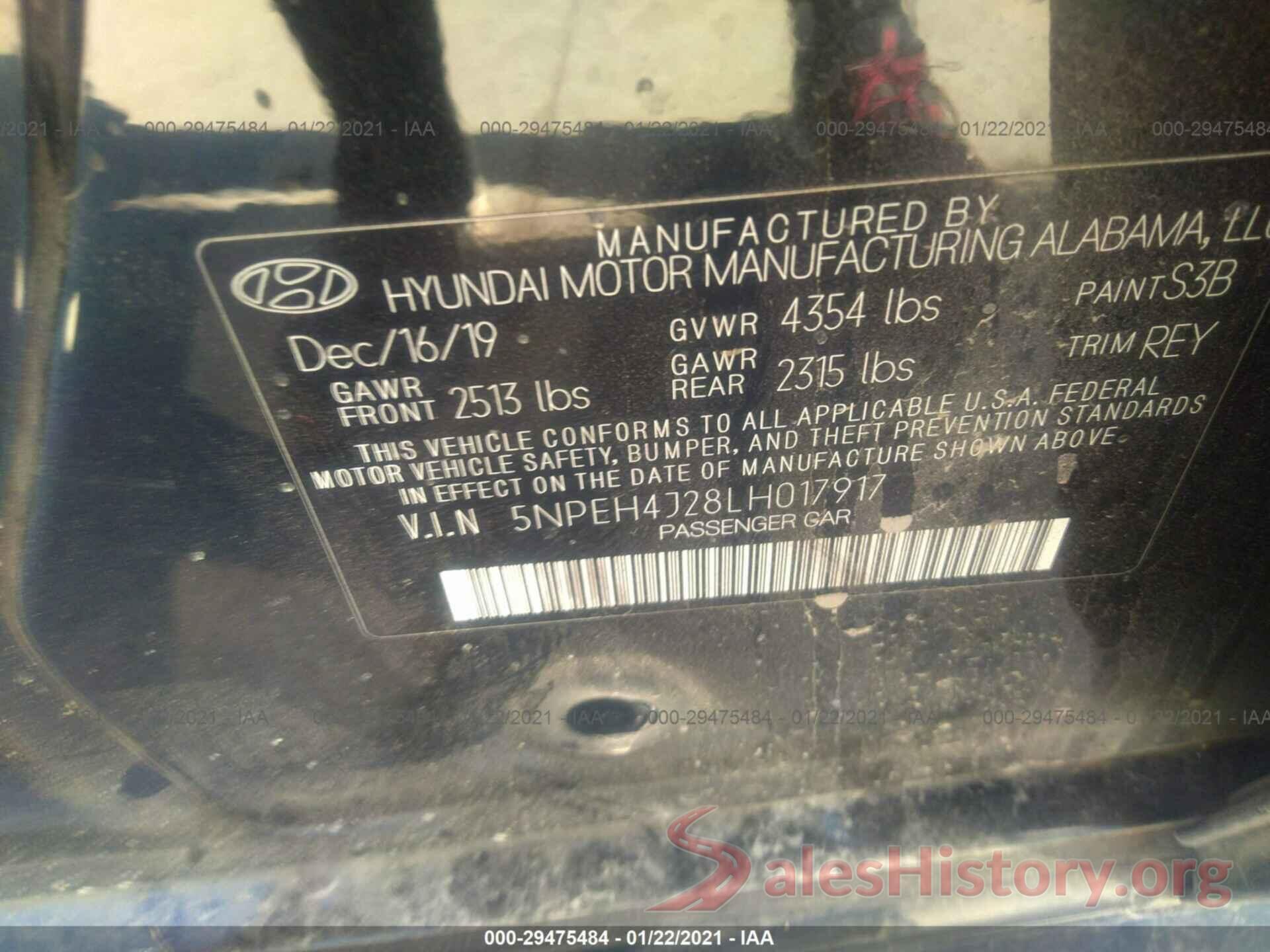 5NPEH4J28LH017917 2020 HYUNDAI SONATA