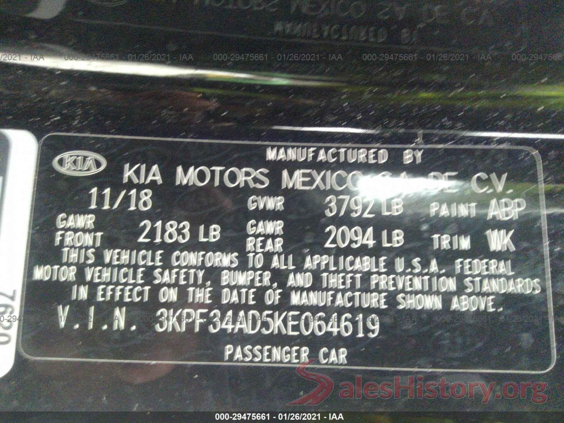 3KPF34AD5KE064619 2019 KIA FORTE