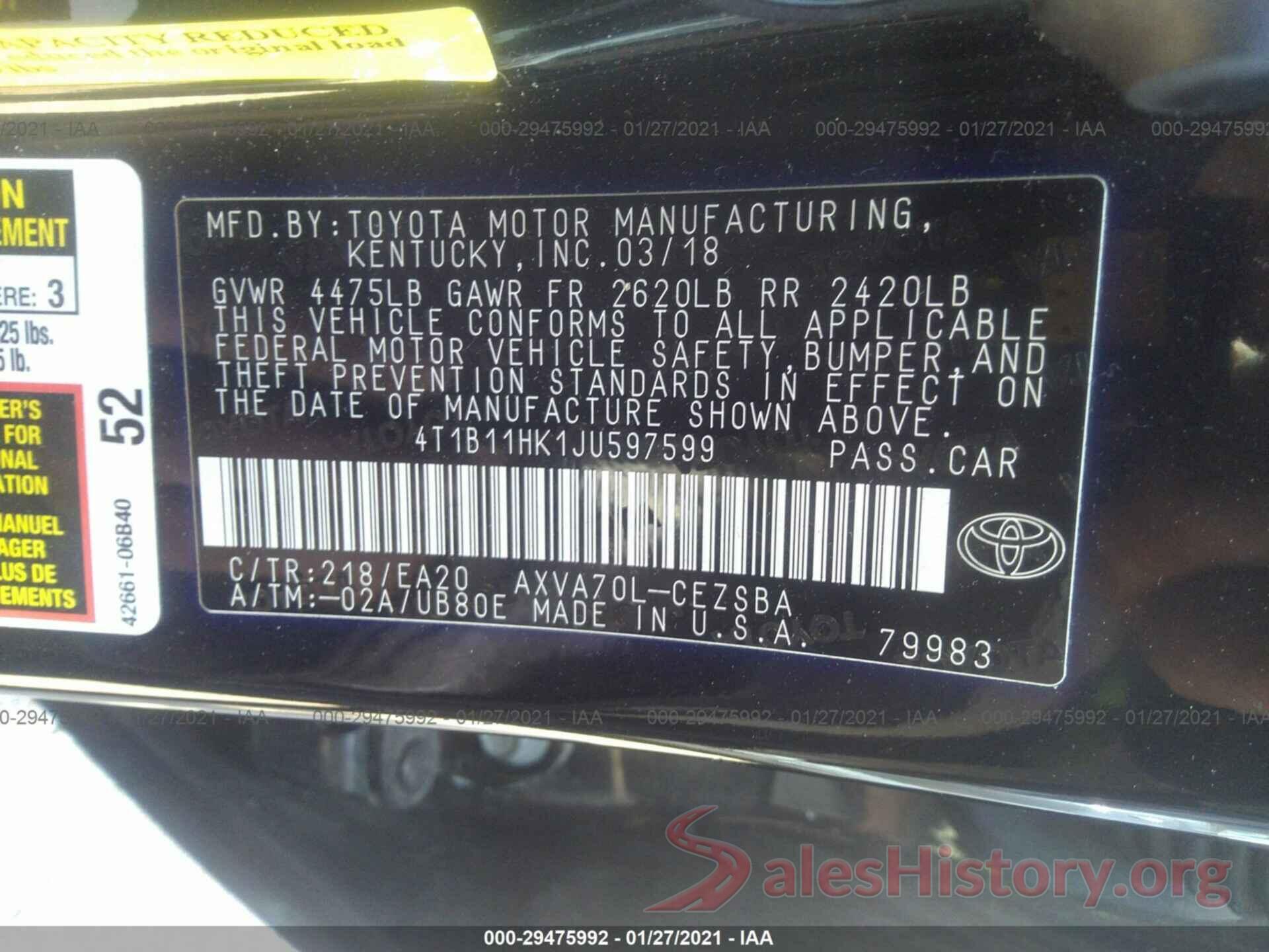 4T1B11HK1JU597599 2018 TOYOTA CAMRY