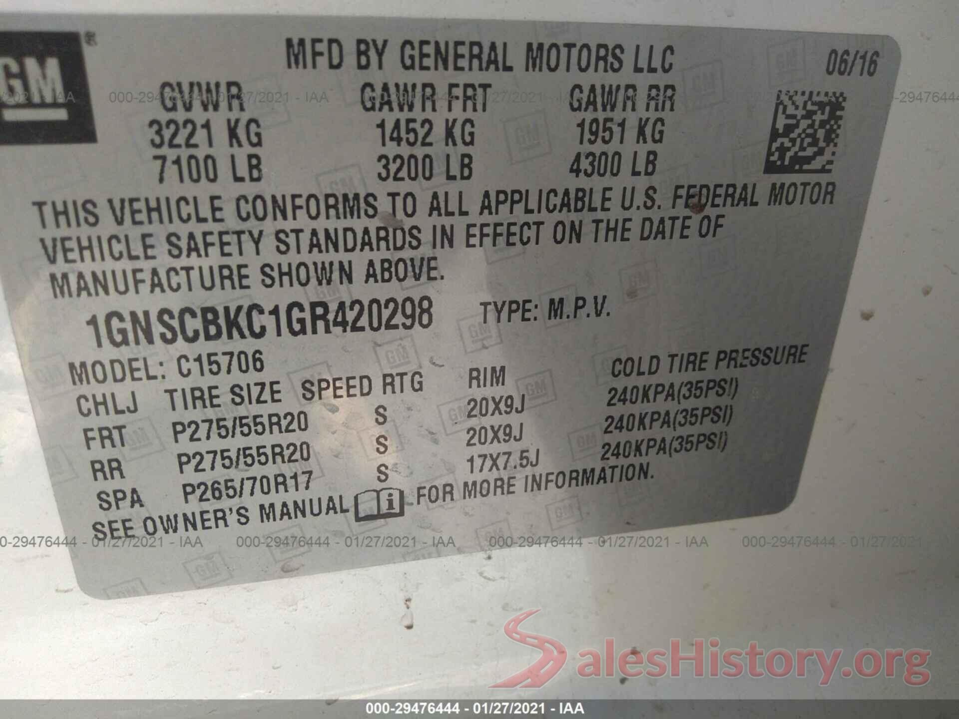 1GNSCBKC1GR420298 2016 CHEVROLET TAHOE