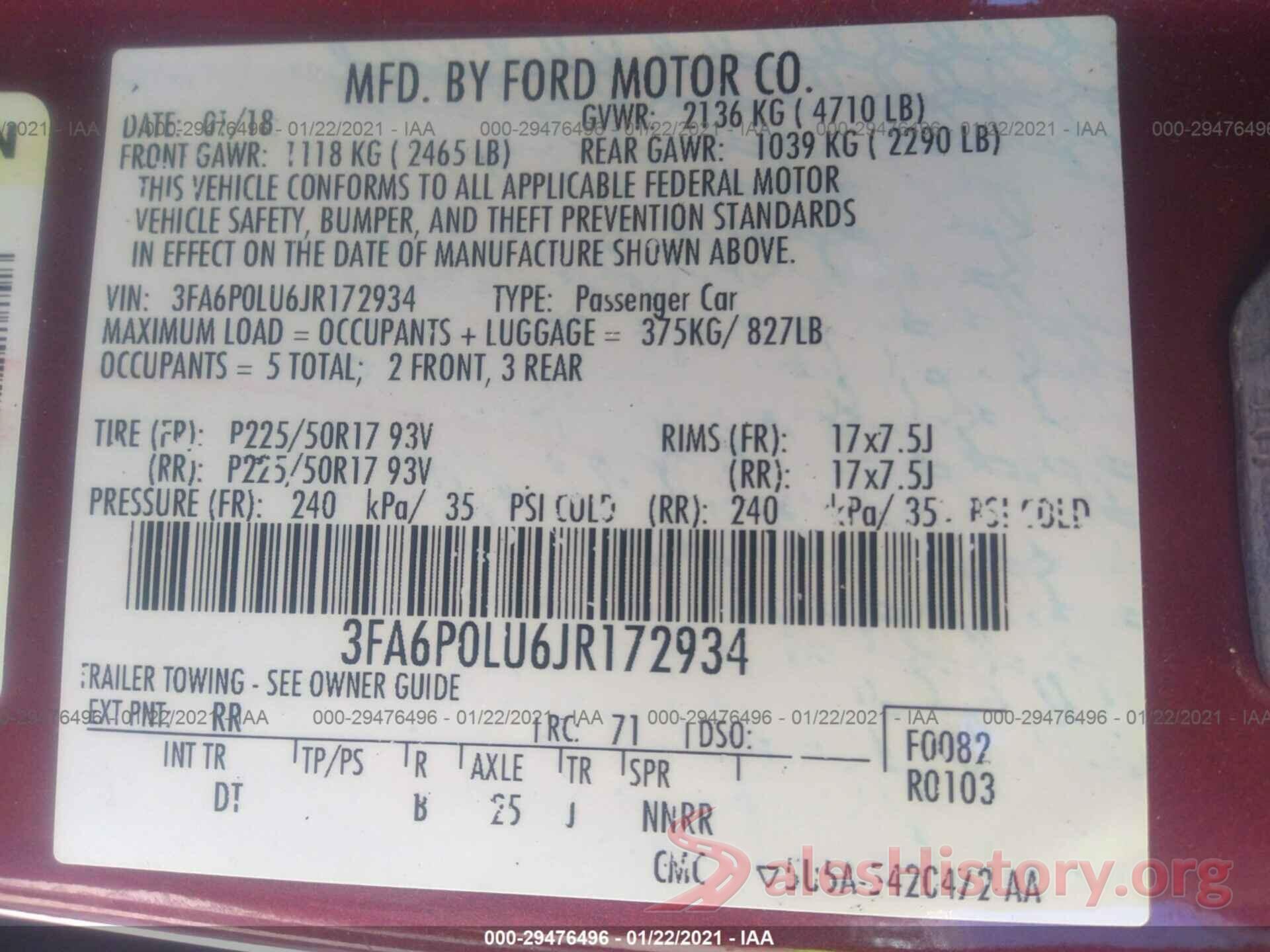 3FA6P0LU6JR172934 2018 FORD FUSION HYBRID