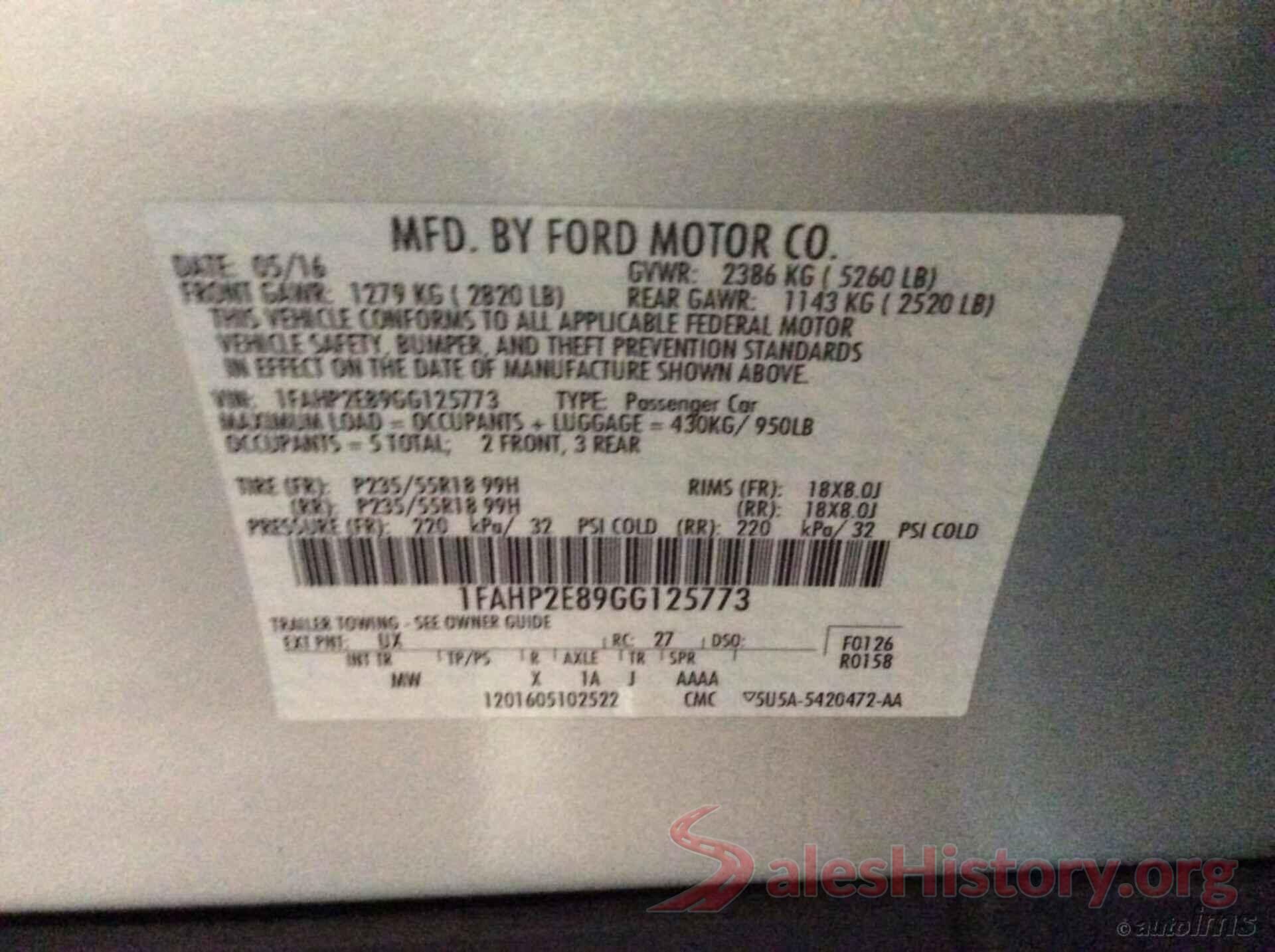 1FAHP2E89GG125773 2016 FORD TAURUS