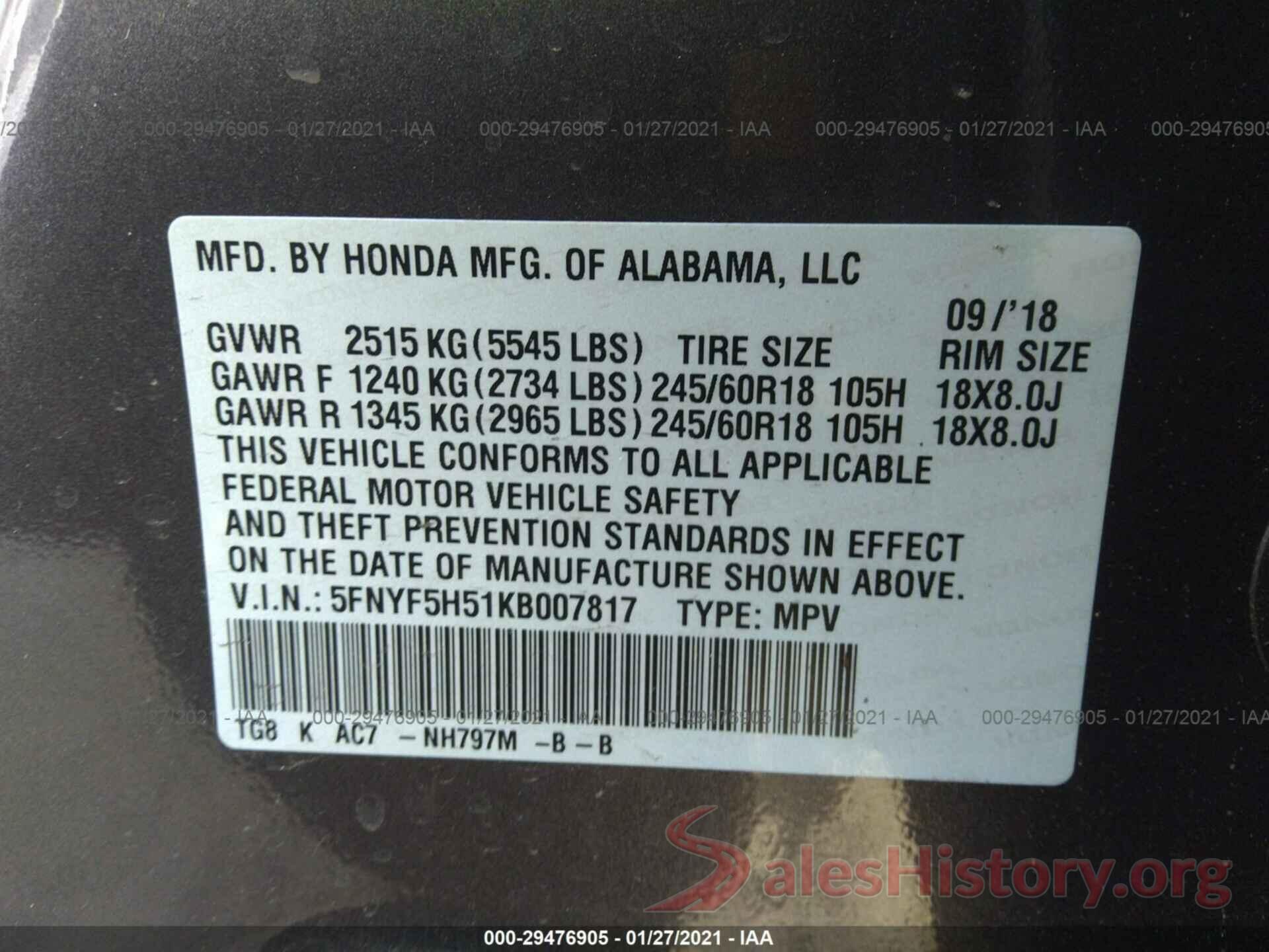 5FNYF5H51KB007817 2019 HONDA PILOT