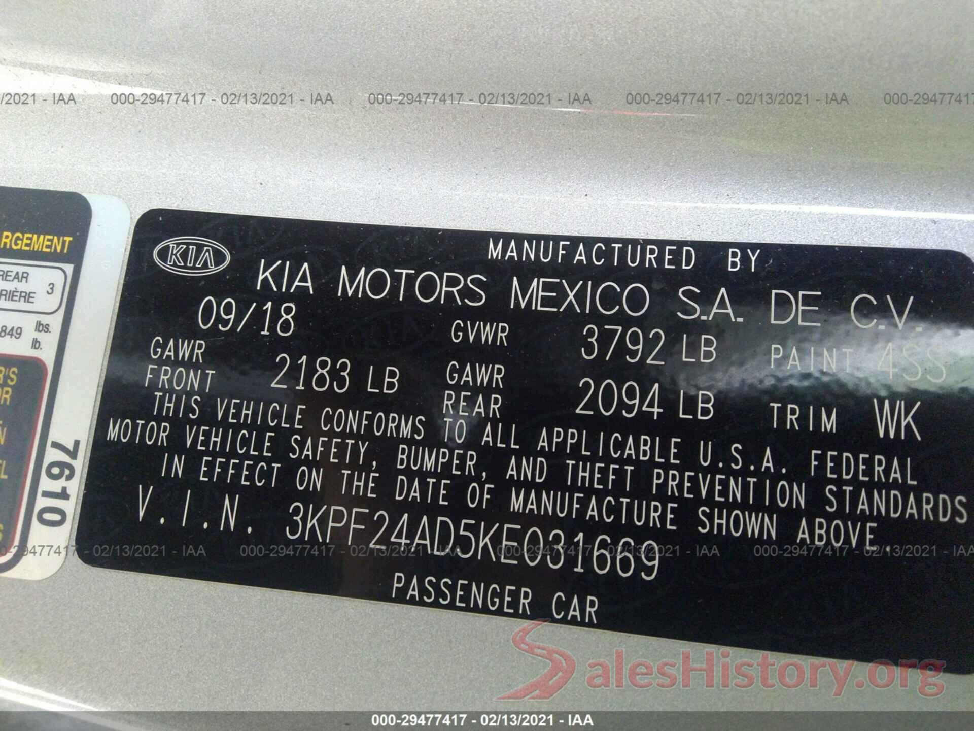 3KPF24AD5KE031669 2019 KIA FORTE