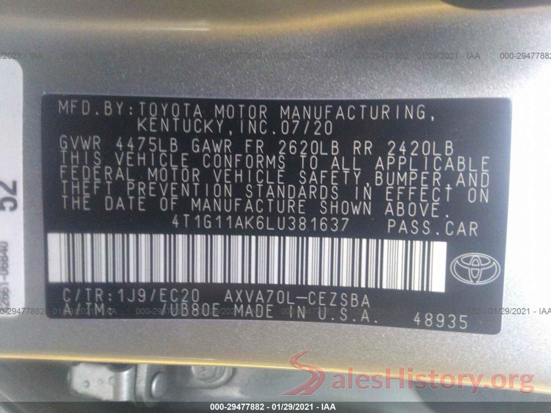 4T1G11AK6LU381637 2020 TOYOTA CAMRY