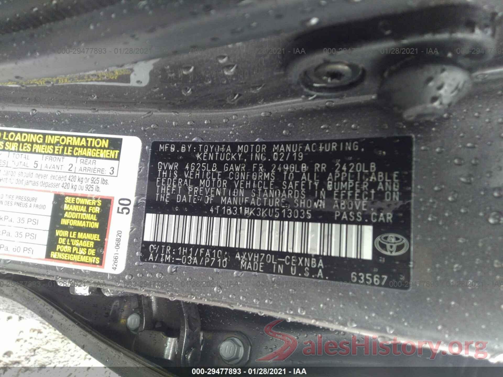 4T1B31HK3KU513035 2019 TOYOTA CAMRY