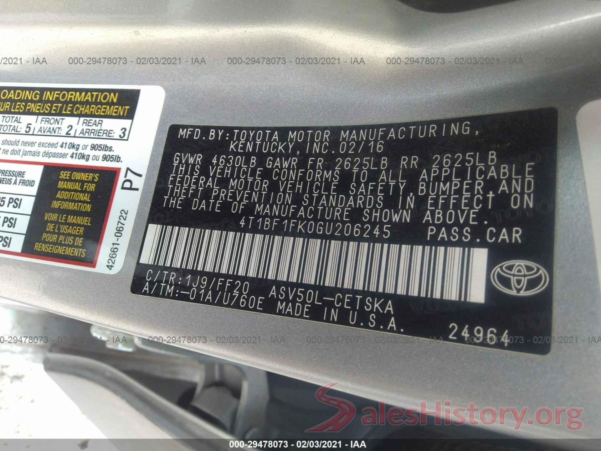 4T1BF1FK0GU206245 2016 TOYOTA CAMRY