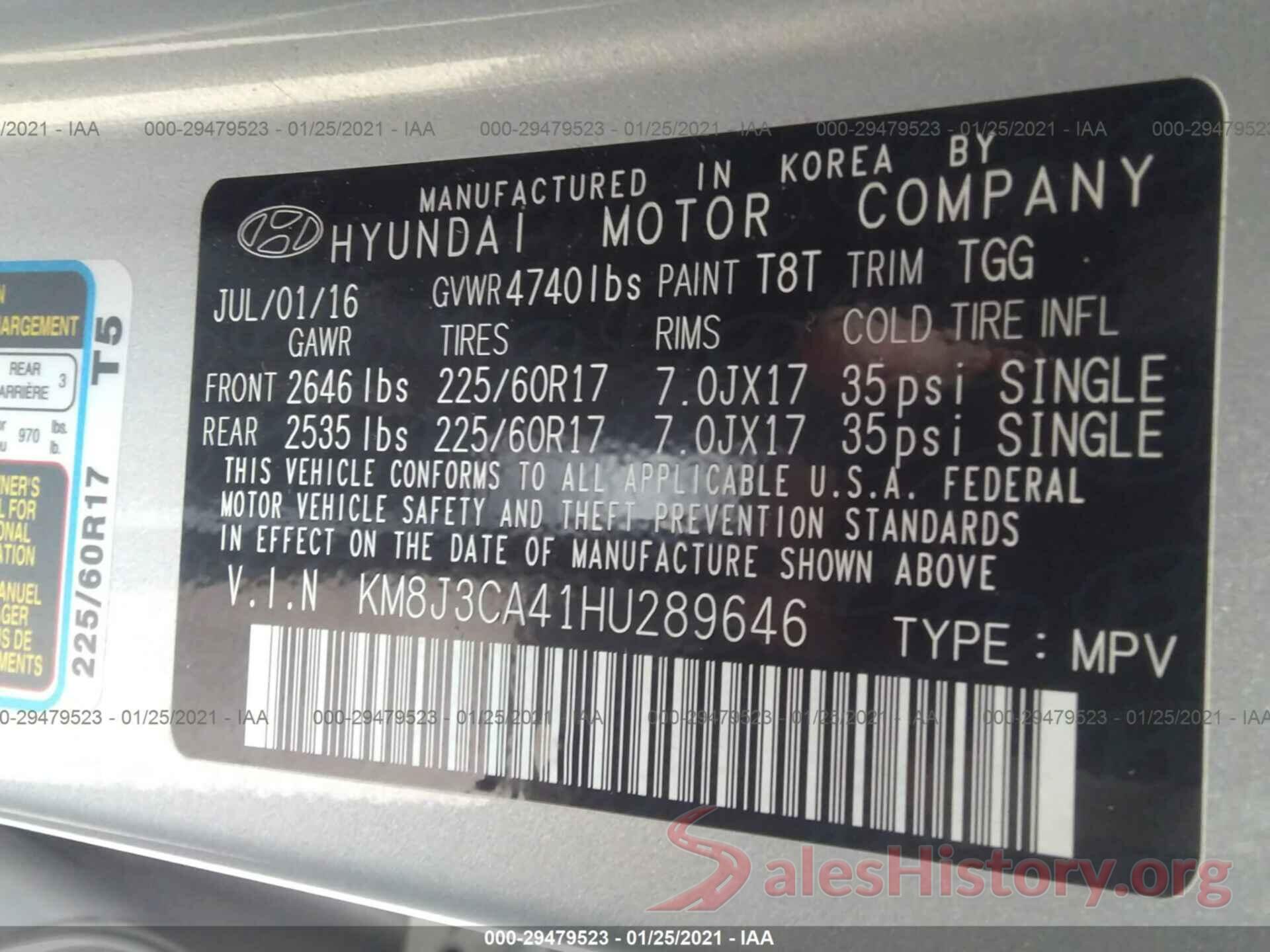 KM8J3CA41HU289646 2017 HYUNDAI TUCSON