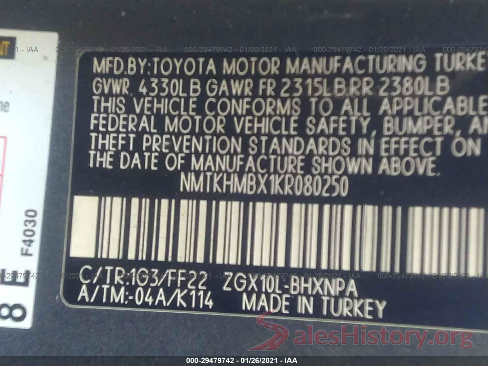 NMTKHMBX1KR080250 2019 TOYOTA C-HR