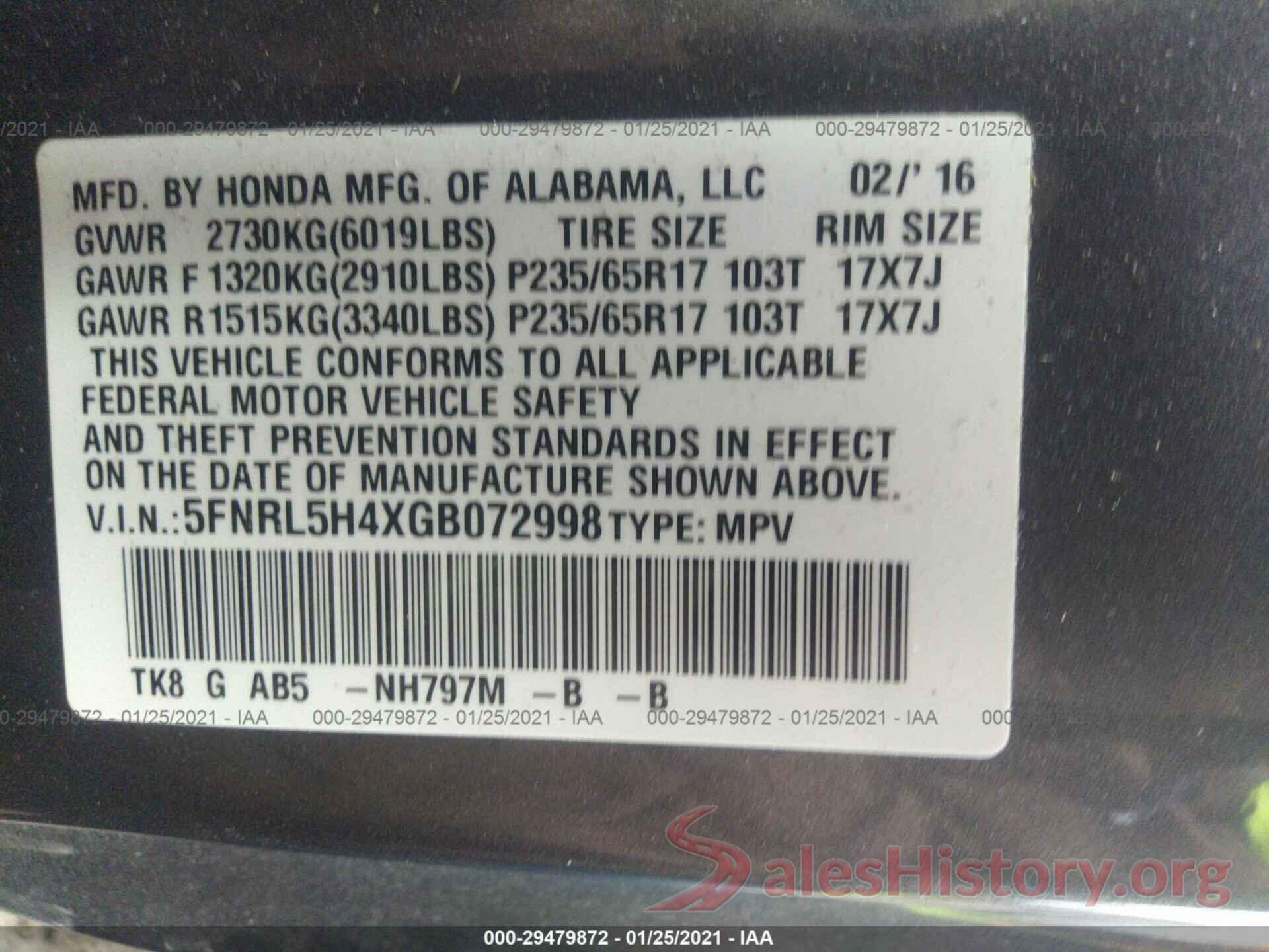 5FNRL5H4XGB072998 2016 HONDA ODYSSEY