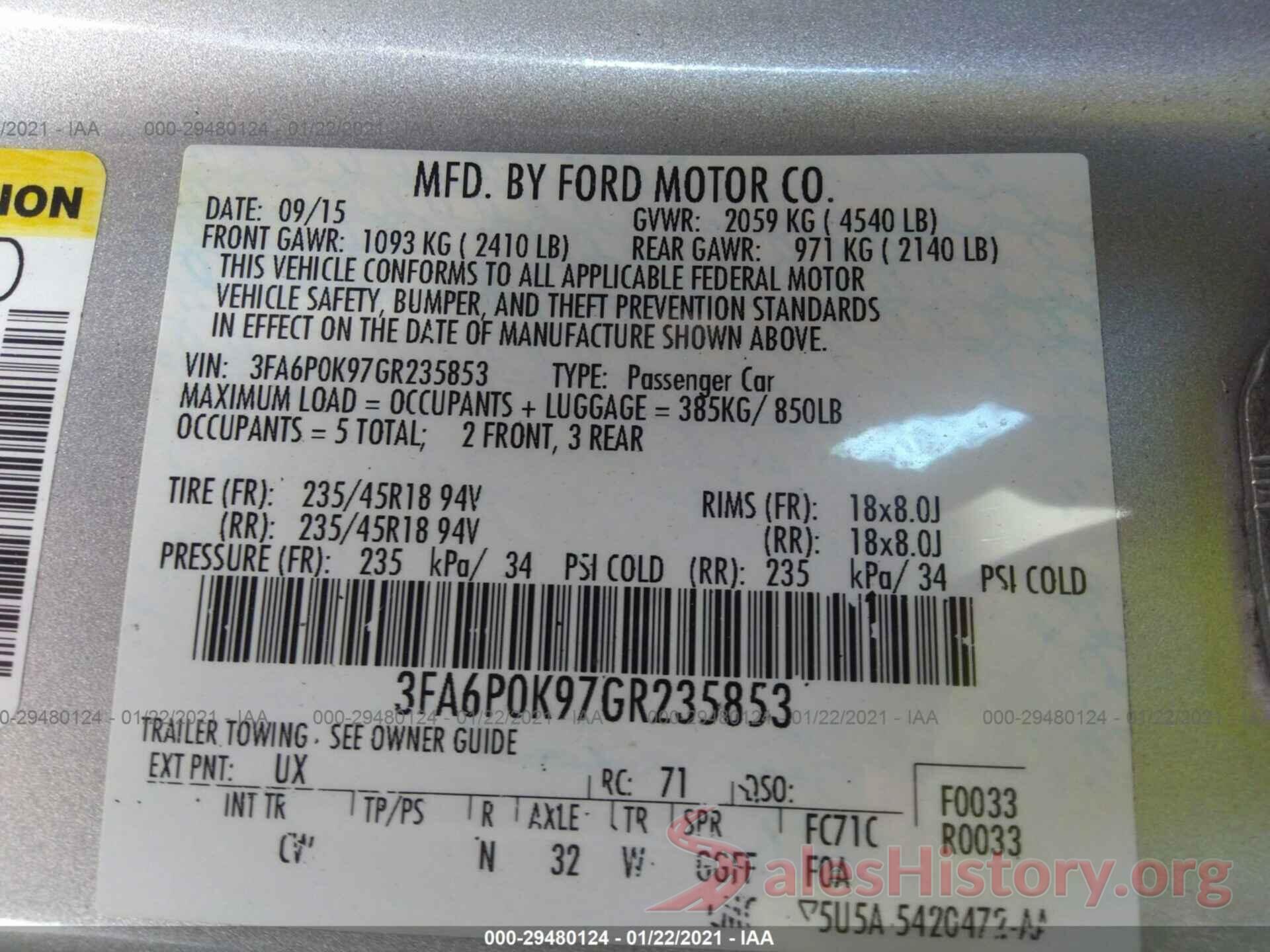 3FA6P0K97GR235853 2016 FORD FUSION