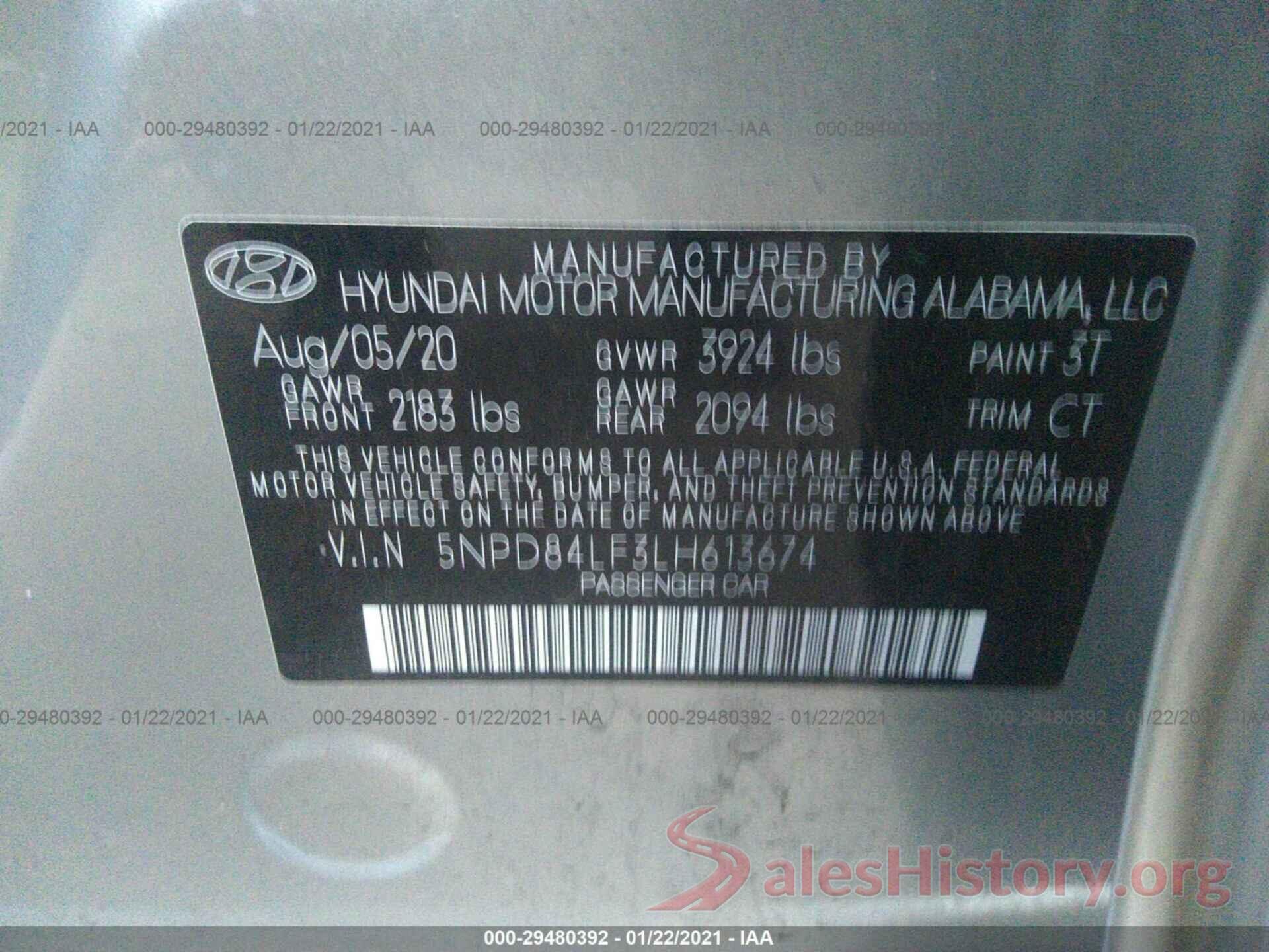 5NPD84LF3LH613674 2020 HYUNDAI ELANTRA