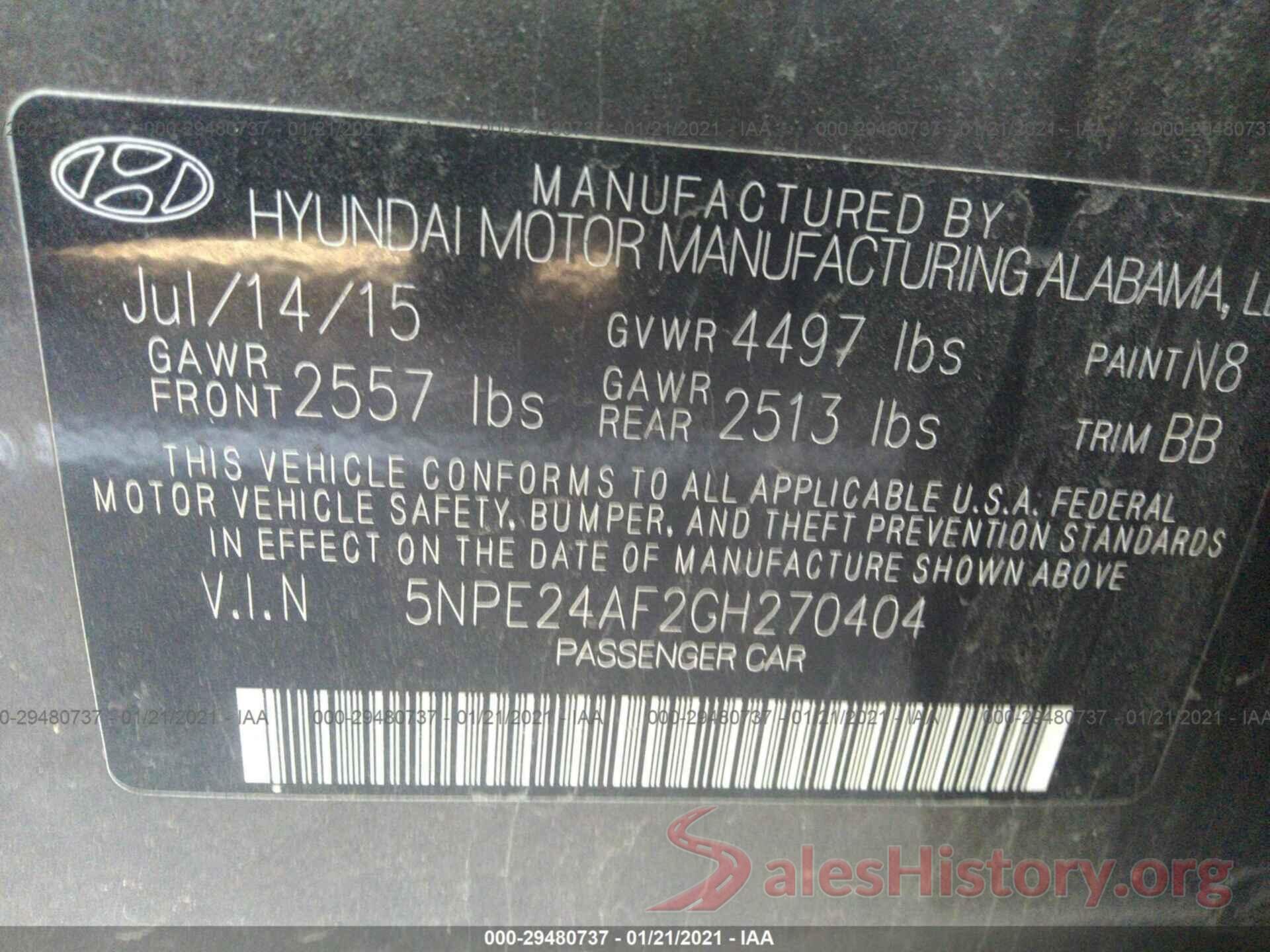 5NPE24AF2GH270404 2016 HYUNDAI SONATA