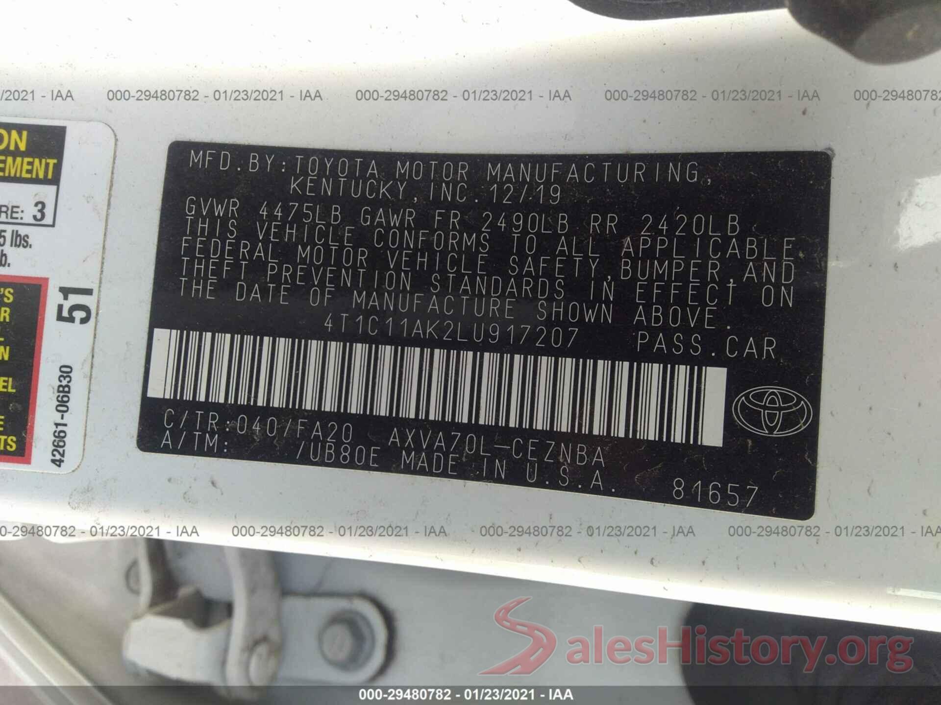 4T1C11AK2LU917207 2020 TOYOTA CAMRY