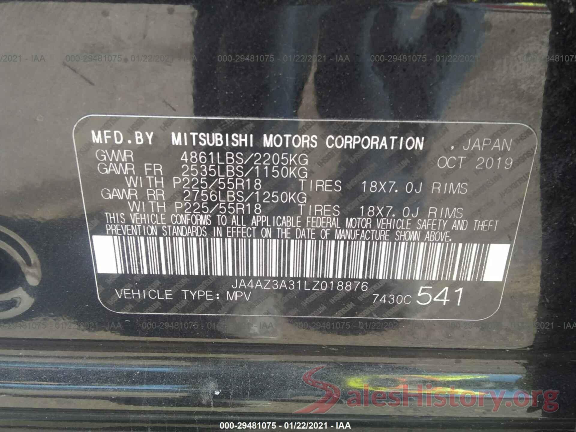 JA4AZ3A31LZ018876 2020 MITSUBISHI OUTLANDER