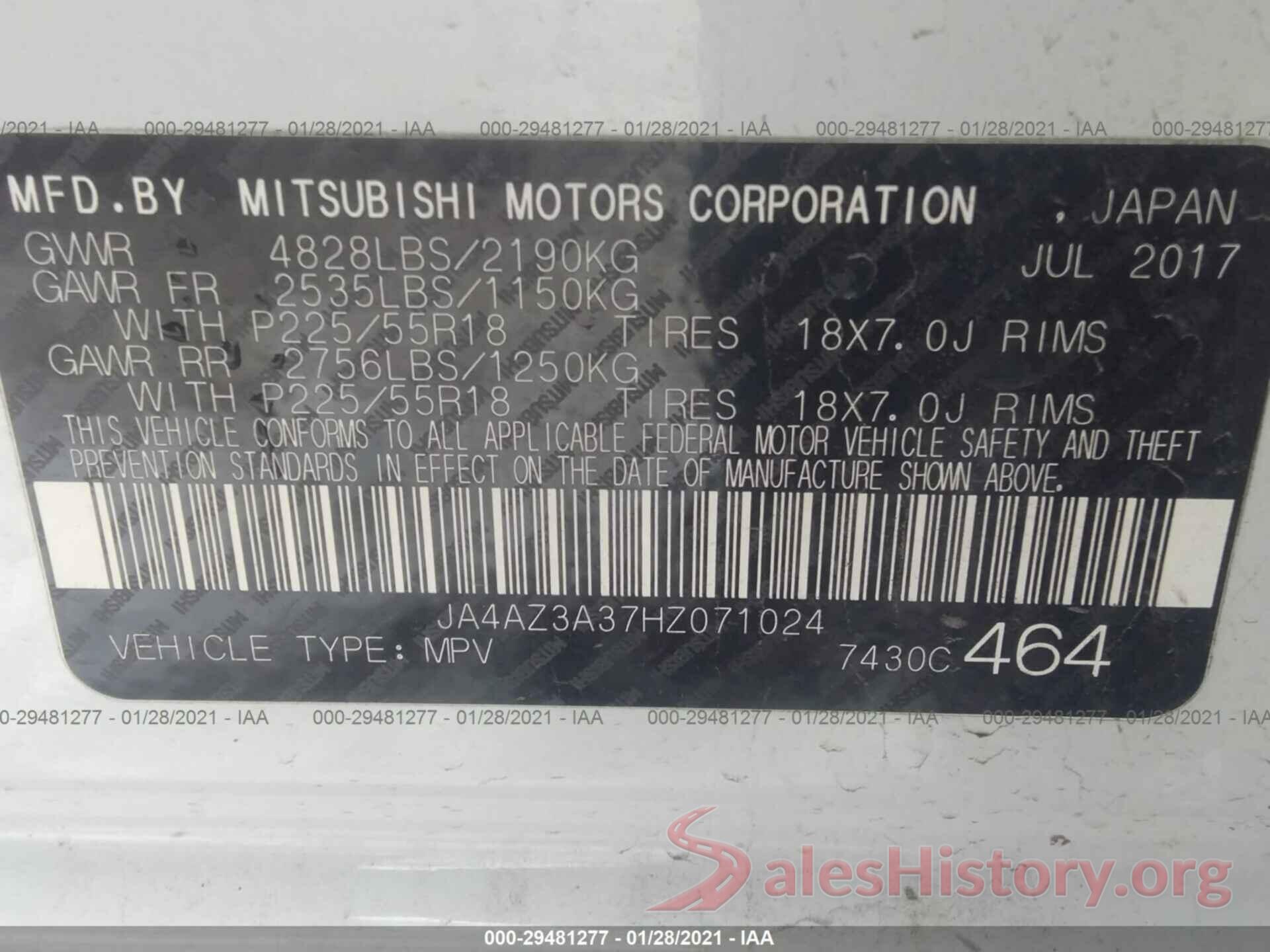 JA4AZ3A37HZ071024 2017 MITSUBISHI OUTLANDER