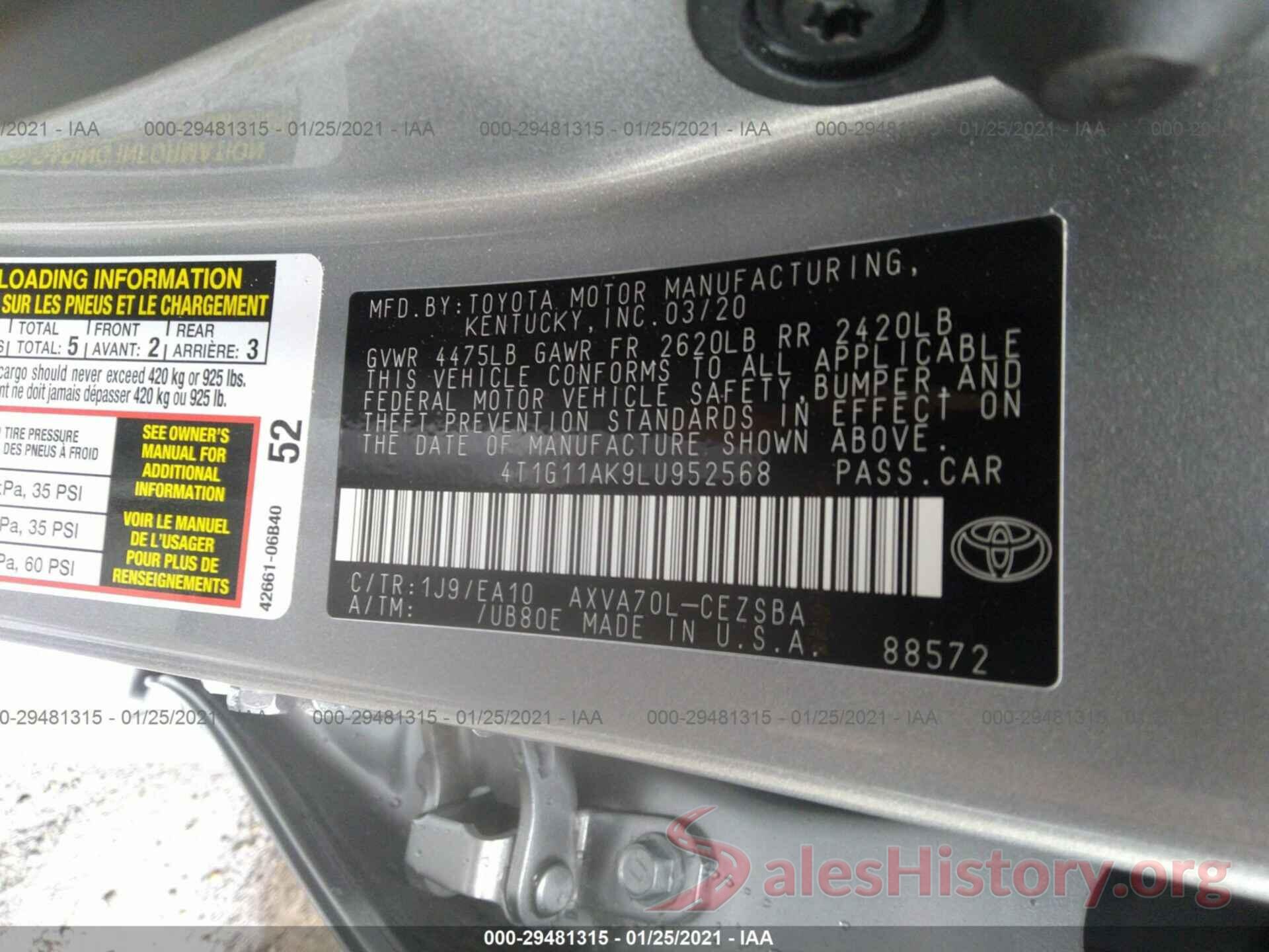 4T1G11AK9LU952568 2020 TOYOTA CAMRY