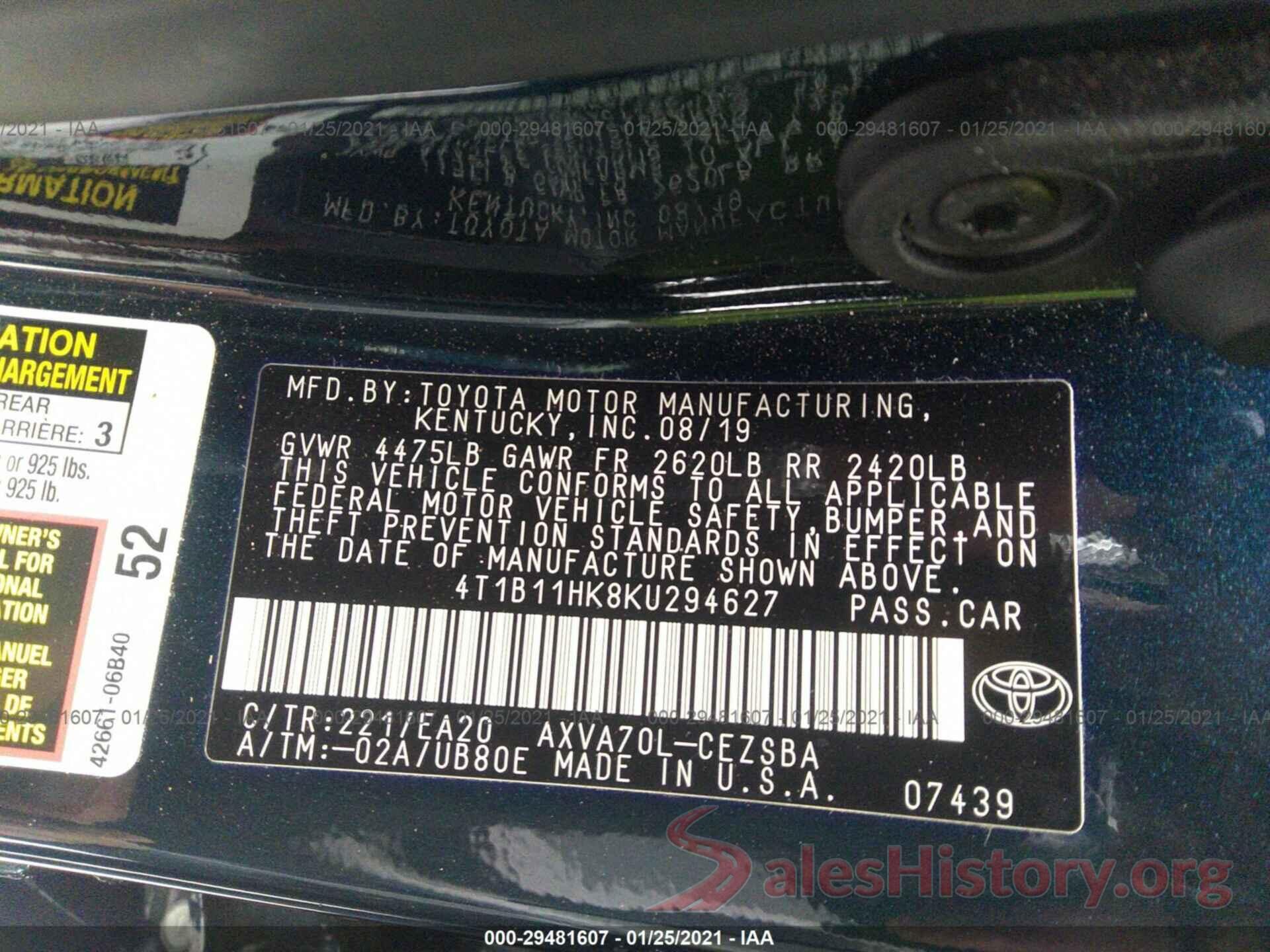 4T1B11HK8KU294627 2019 TOYOTA CAMRY