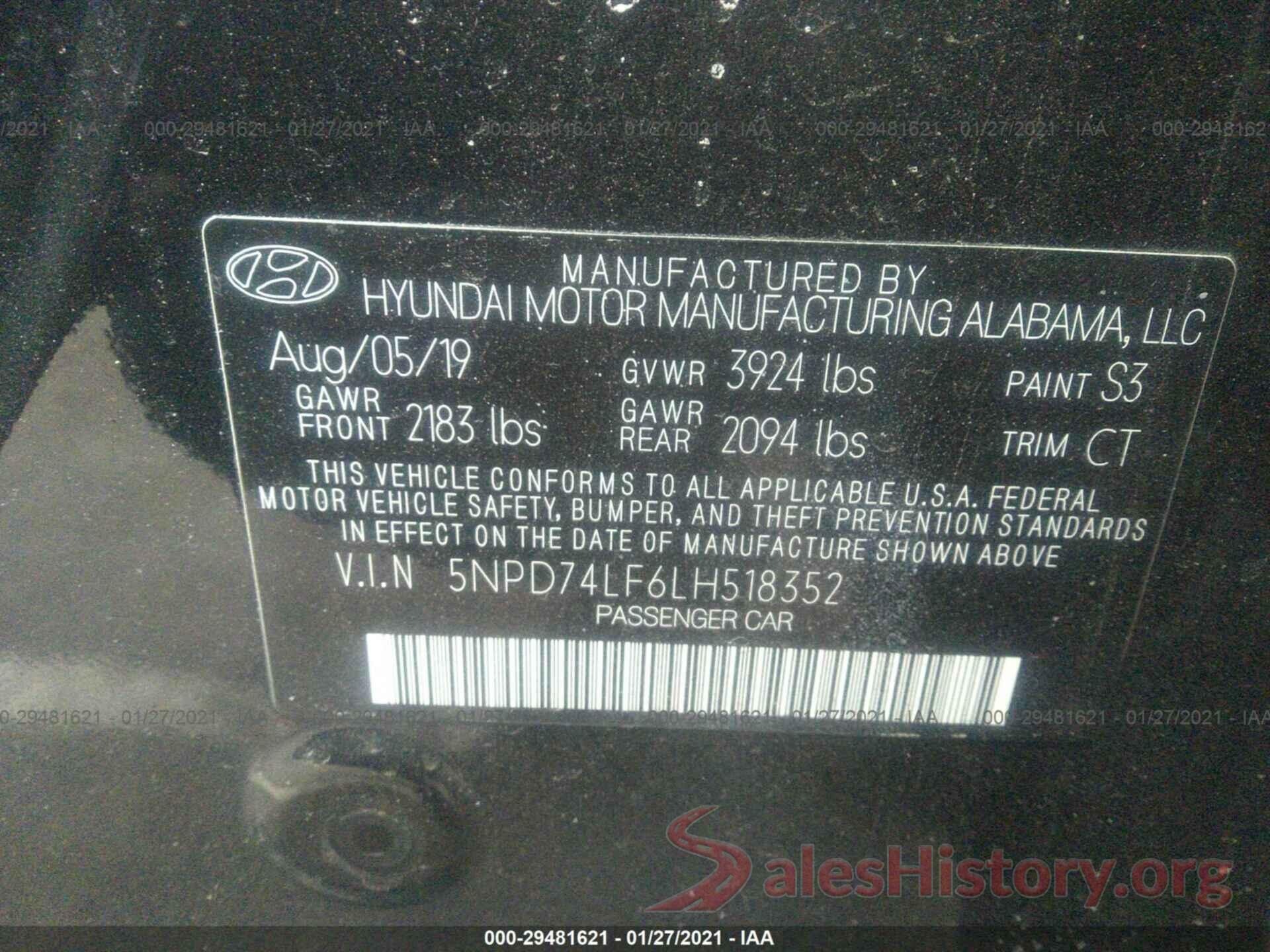 5NPD74LF6LH518352 2020 HYUNDAI ELANTRA