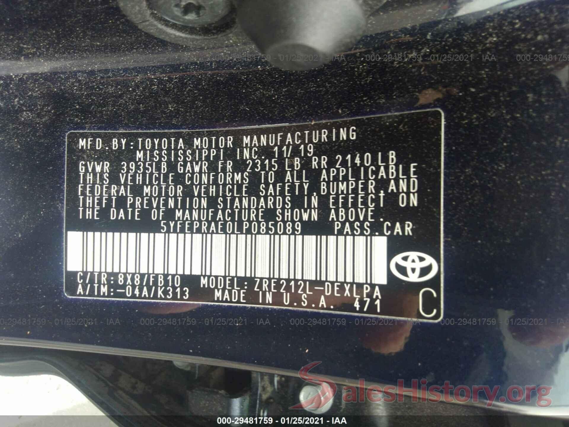 5YFEPRAE0LP085089 2020 TOYOTA COROLLA