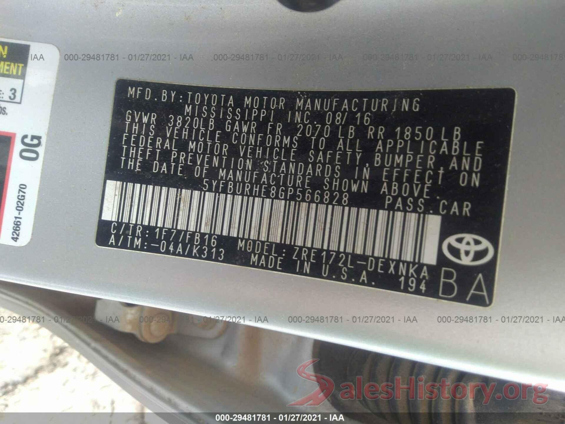 5YFBURHE8GP566828 2016 TOYOTA COROLLA