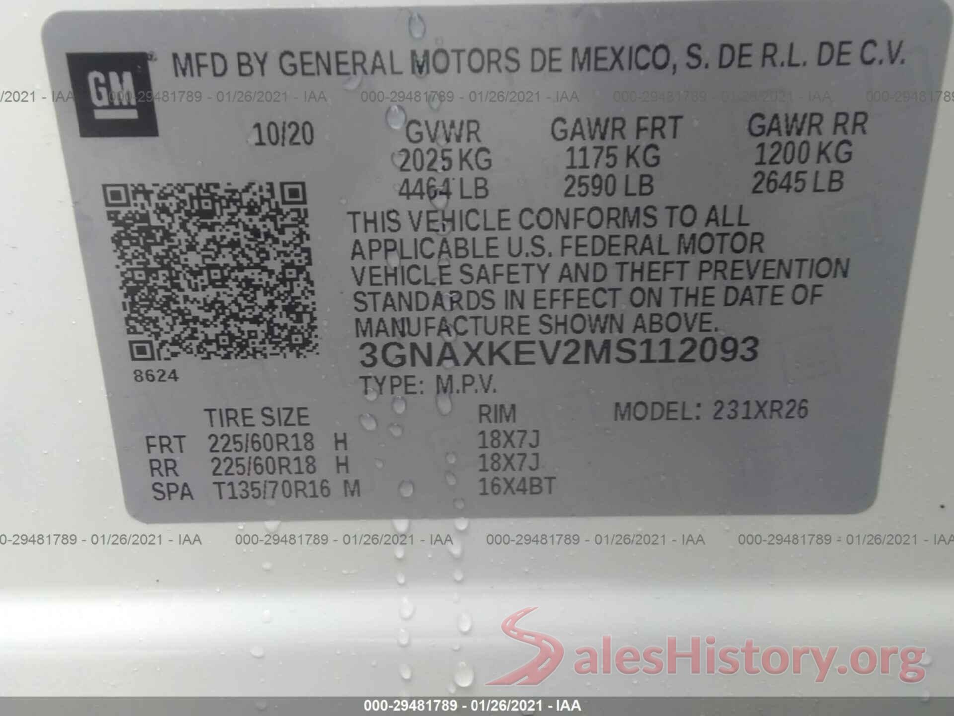 3GNAXKEV2MS112093 2021 CHEVROLET EQUINOX