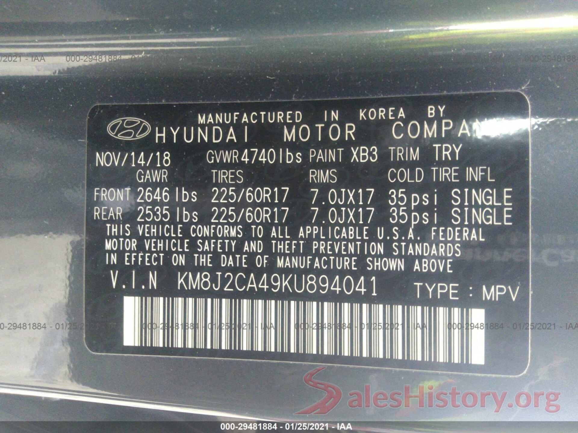 KM8J2CA49KU894041 2019 HYUNDAI TUCSON