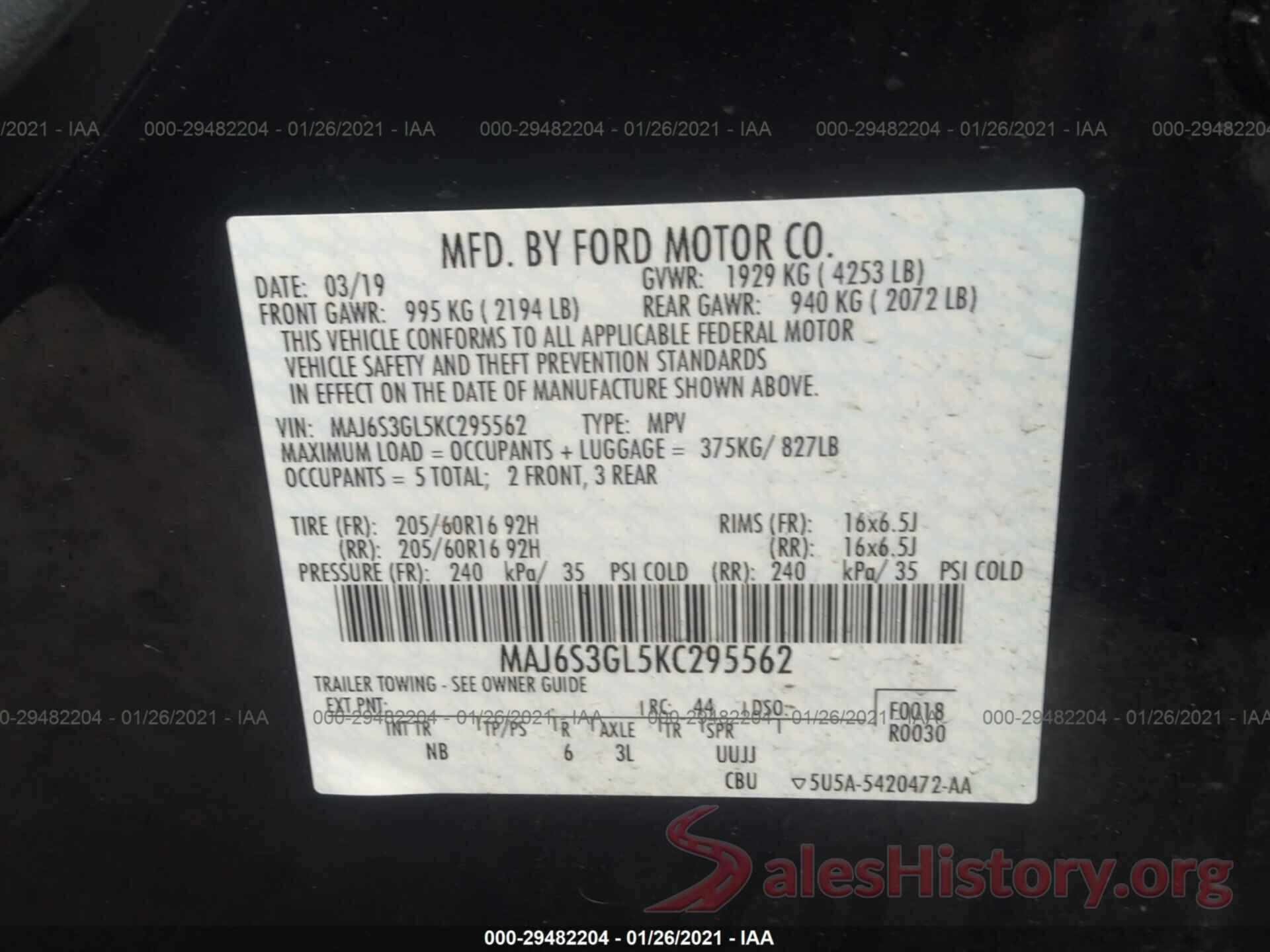 MAJ6S3GL5KC295562 2019 FORD ECOSPORT