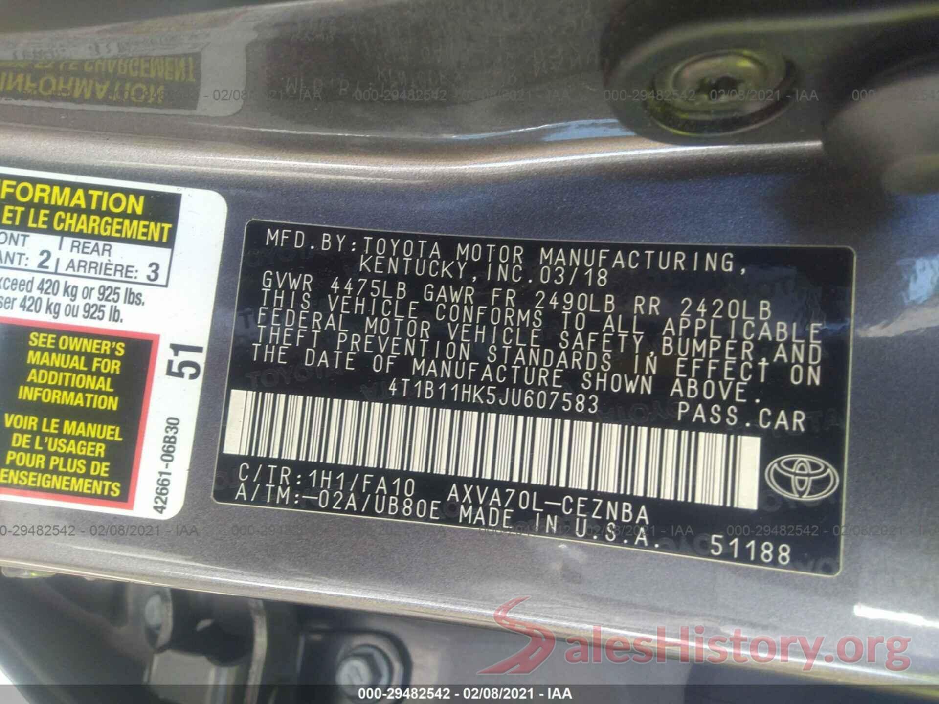 4T1B11HK5JU607583 2018 TOYOTA CAMRY