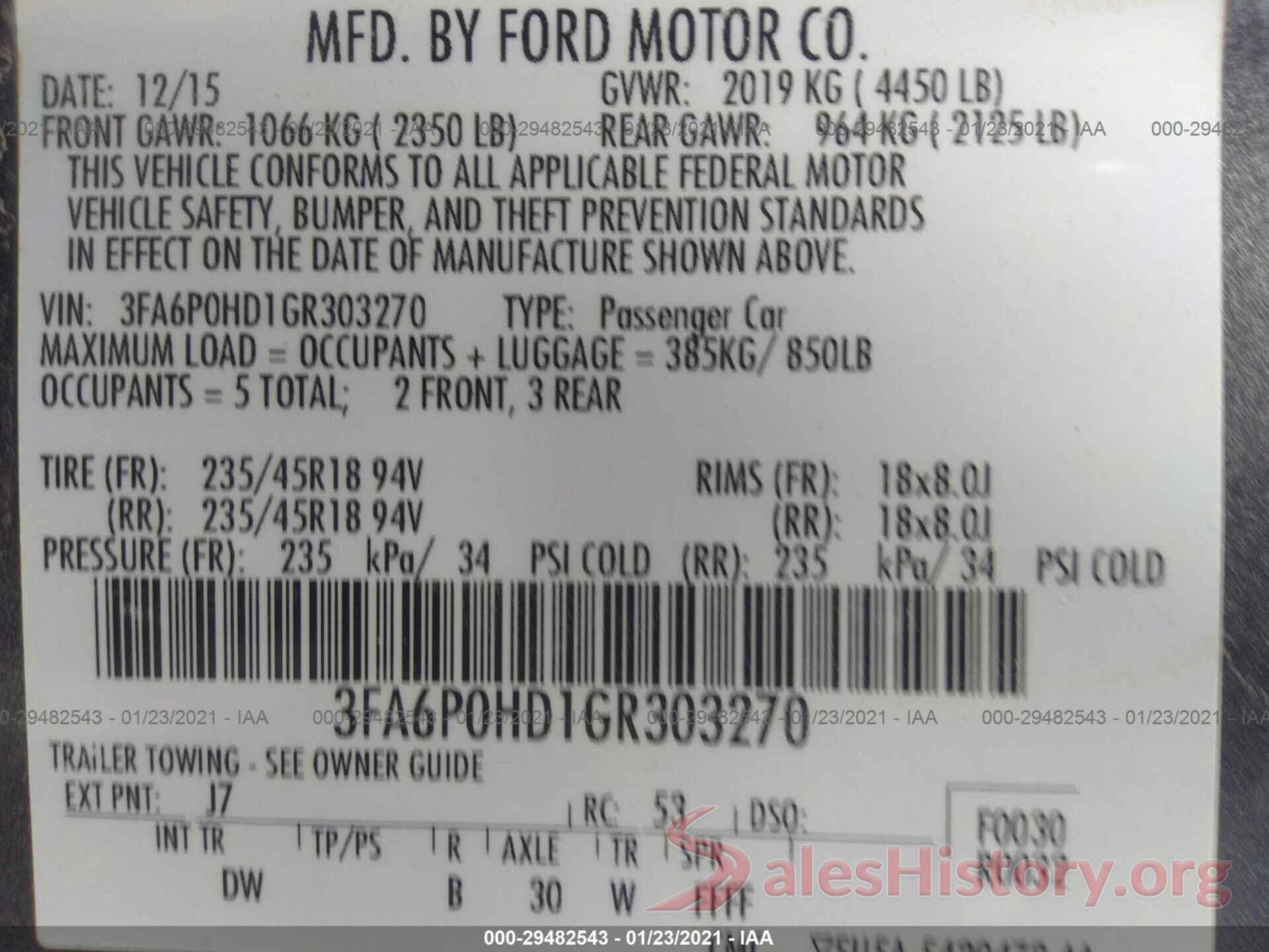 3FA6P0HD1GR303270 2016 FORD FUSION