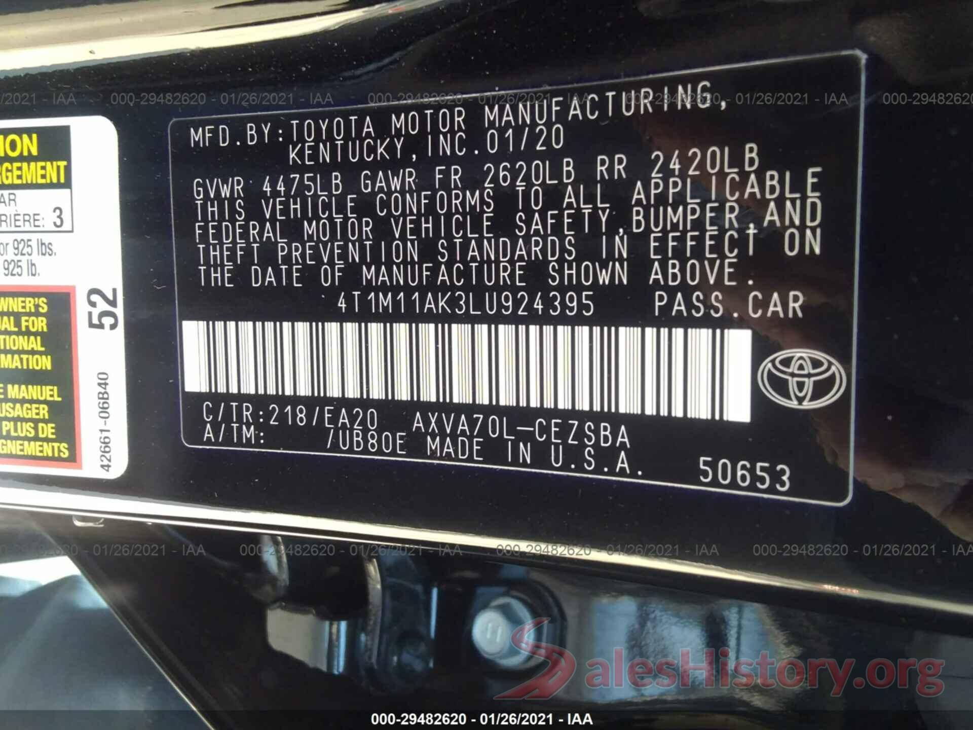 4T1M11AK3LU924395 2020 TOYOTA CAMRY